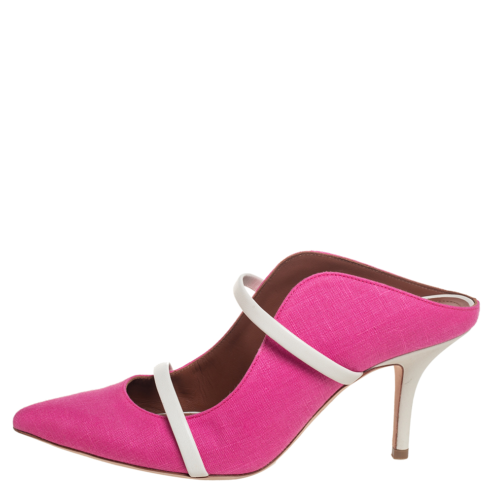 

Malone Souliers Pink Canvas Maureen Pointed Toe Mule Sandals Size