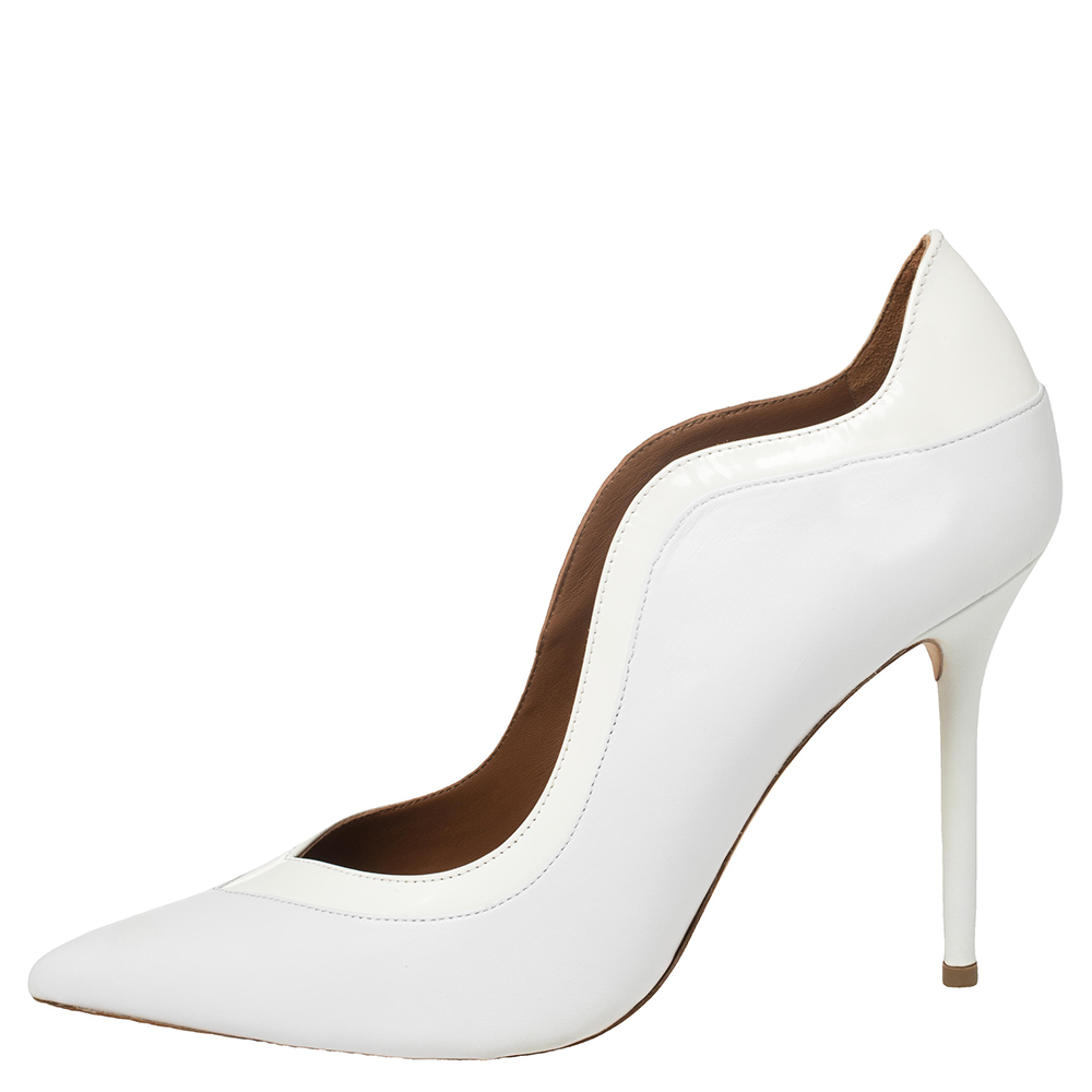 

Malone Souliers By Roy Luwolt White Leather and Patent Leather Penelope Pumps Size