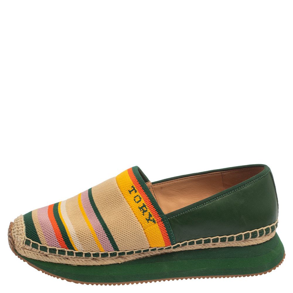

Tory Burch Multicolor Leather And Woven Fabric Logo Espadrilles Size