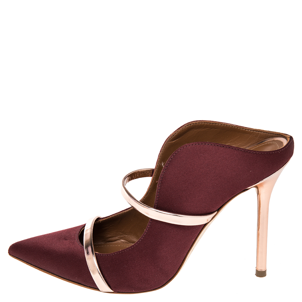 

Malone Souliers Burgundy Satin And Leather Maureen Pointed Toe Mule Sandals Size