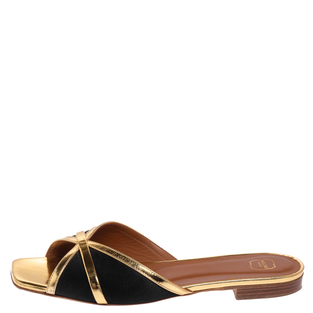 

Malone Souliers Gold/Black Satin and Leather Slide Flats Size