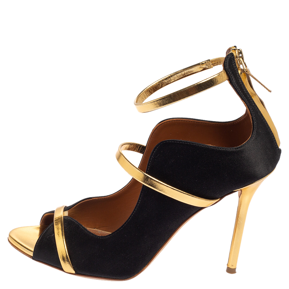 

Malone Souliers Gold/Black Satin and Leather Mika Triple Band Peep Toe Pumps Size