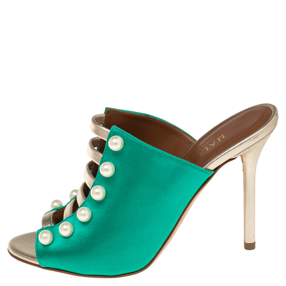 

Malone Souliers Green Satin Imitation Pearl Sandals Size