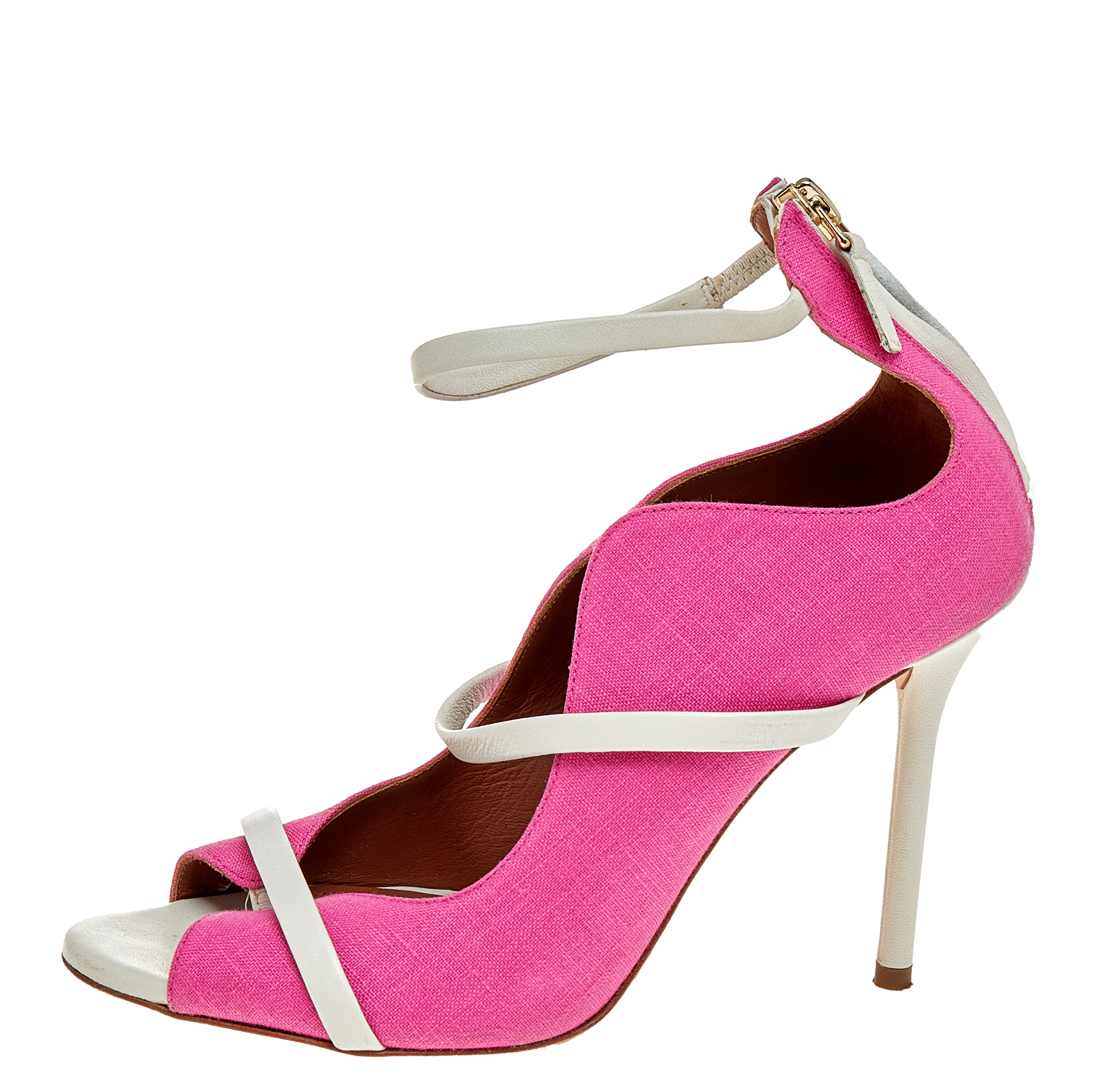 

Malone Souliers Pink Canvas And Leather Mika Triple Band Peep Toe Sandals Size