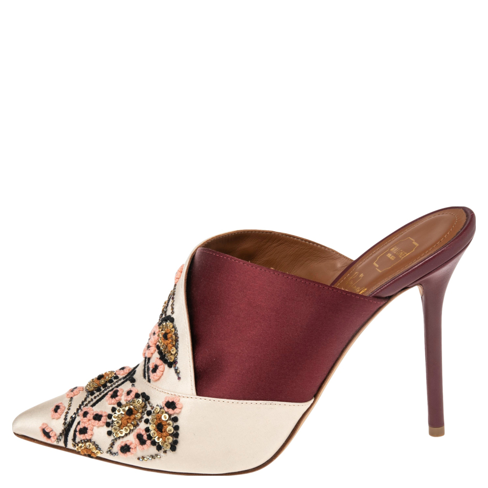 

Malone Souliers Beige/Burgundy Satin Floral Embroidered Pointed Toe Mules Size