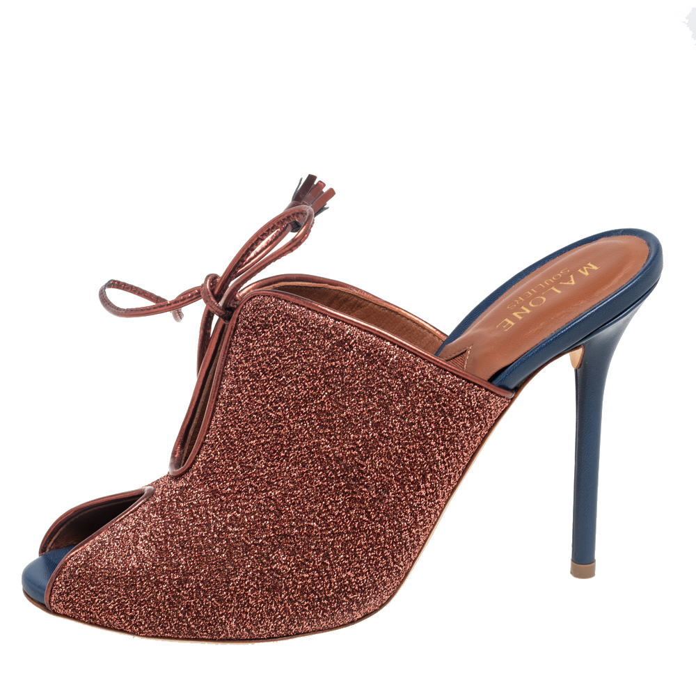 

Malone Souliers Metallic Brown Shimmery Fabric Lace Up Mules Size