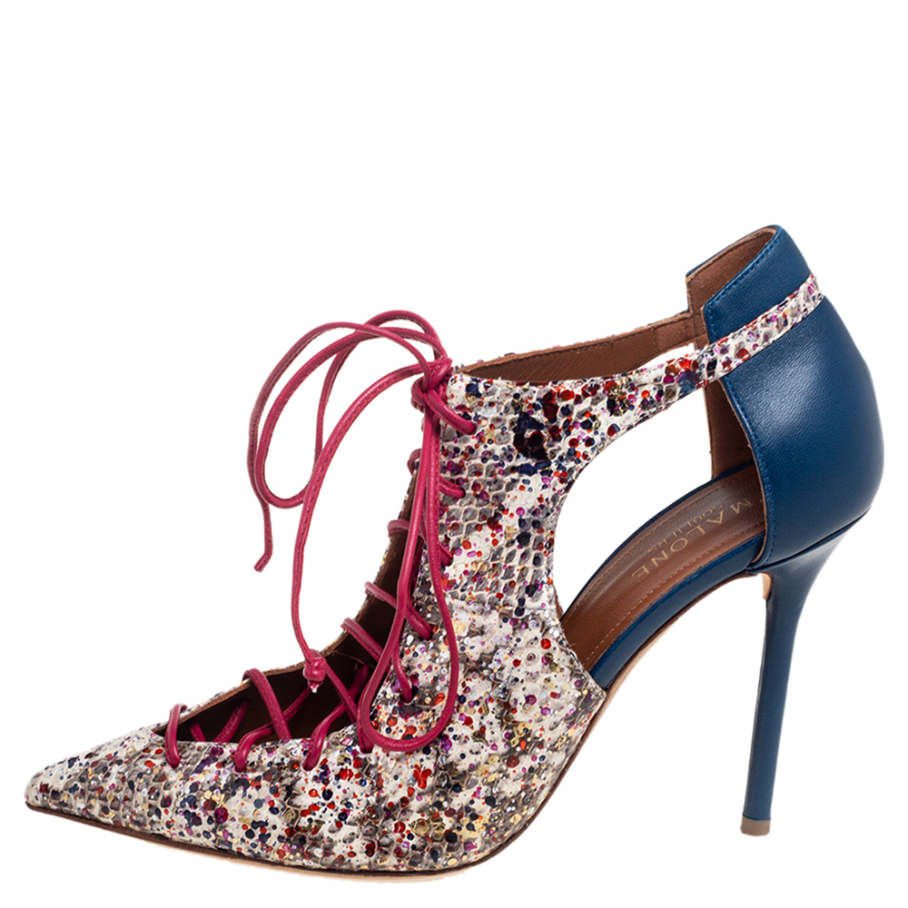 

Malone Souliers Multicolor Python Embossed And Leather Montana Pointed Toe Lace Up Booties Size