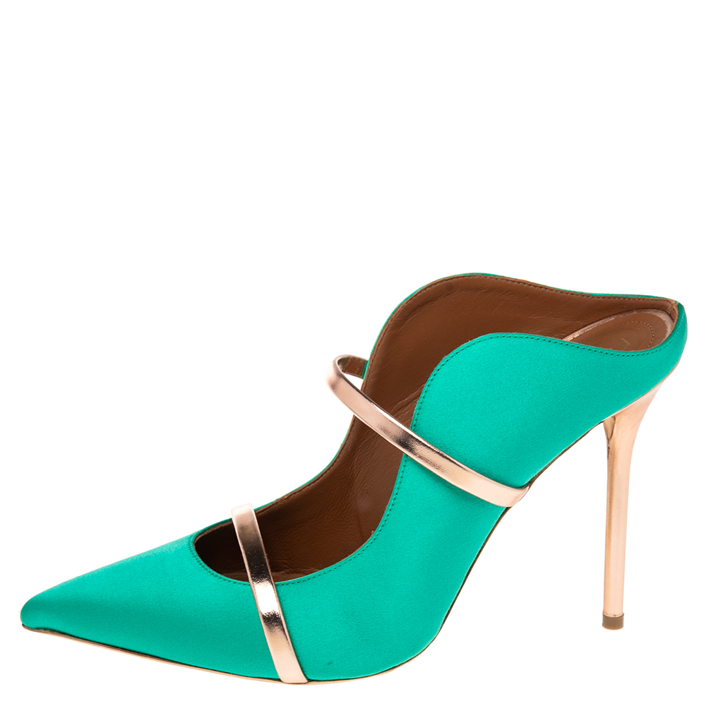 

Malone Souliers Green Satin Maureen Pointed Toe Mules Size