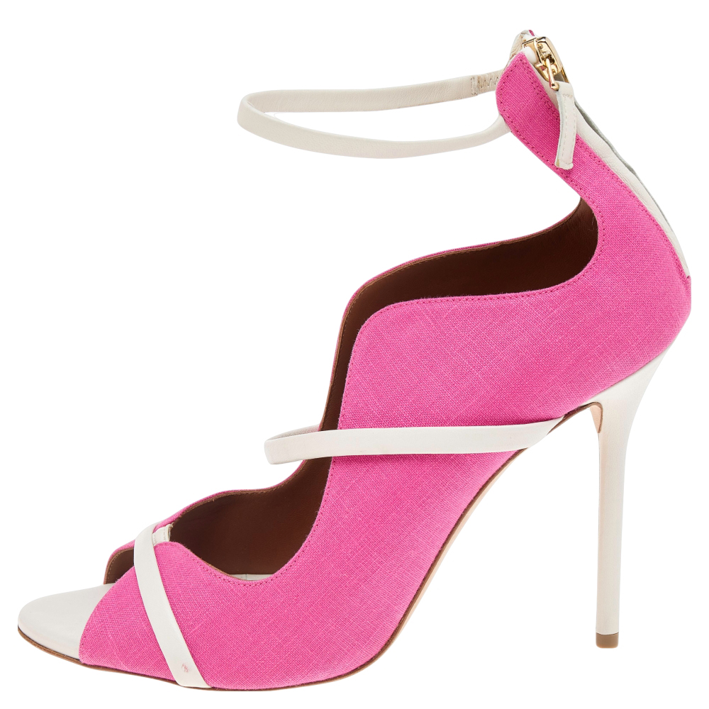 

Malone Souliers Pink/White Canvas And Leather Mika Triple Band Peep Toe Sandals Size