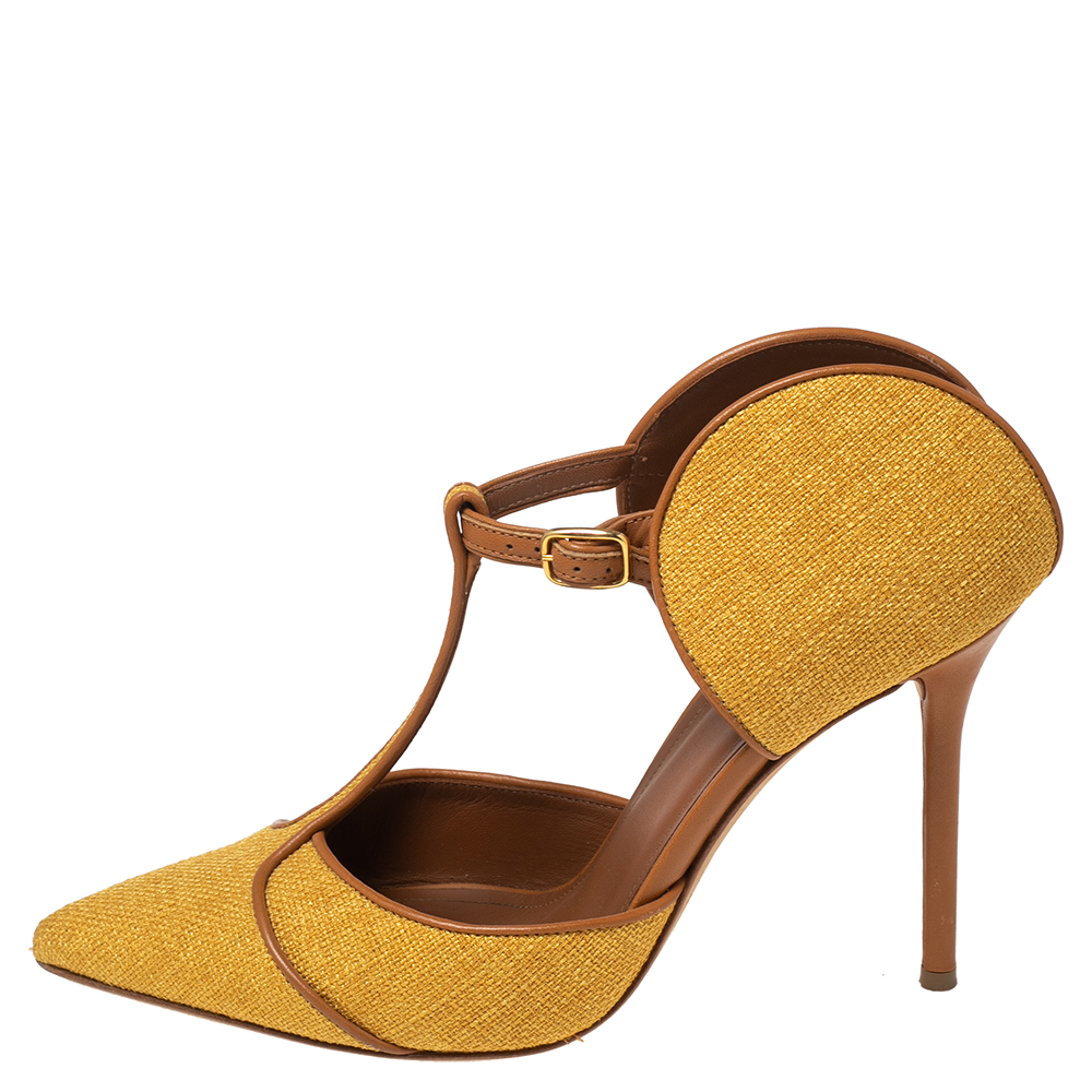 

Malone Souliers Yellow Canvas And Leather Trim T Strap Pointed Toe Sandals Size