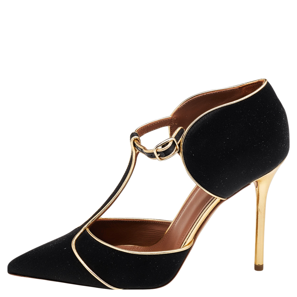 

Malone Souliers by Roy Luwolt Black/Gold Satin and Leather Sadie Pumps Size