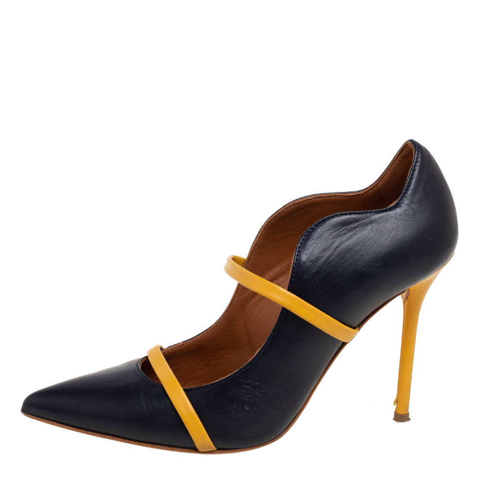 

Malone Souliers Navy Blue/Yellow Leather Maureen Pumps Size