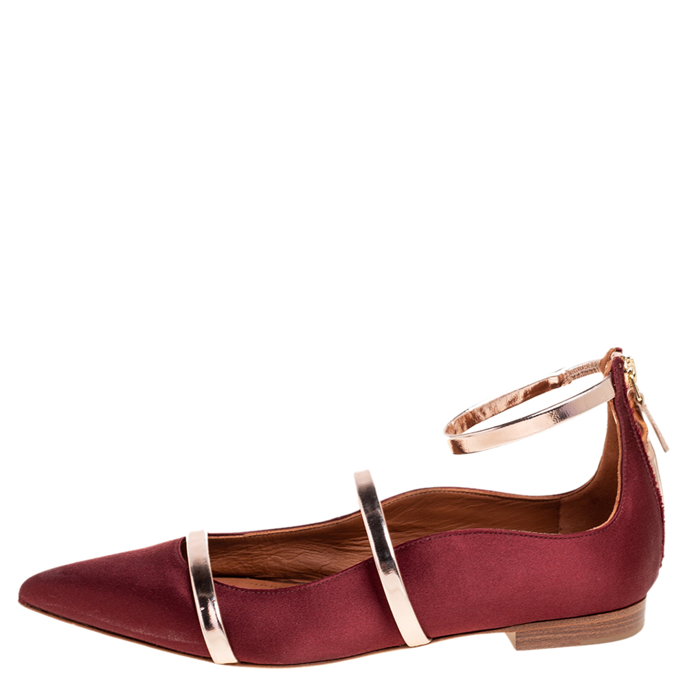 

Malone Souliers Burgundy Satin Robyn Pointed Toe Ankle Strap Flats Size