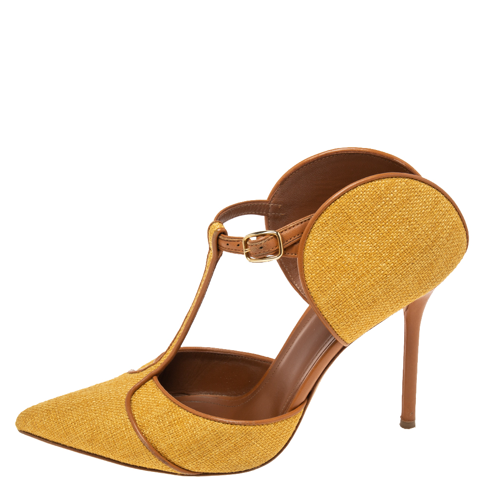 

Malone Souliers Yellow/Brown Canvas and Leather Trim Imogen Pumps Size