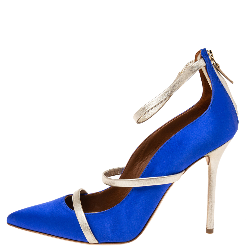 

Malone Souliers Royal Blue Satin Robyn Ankle-Strap Pumps Size