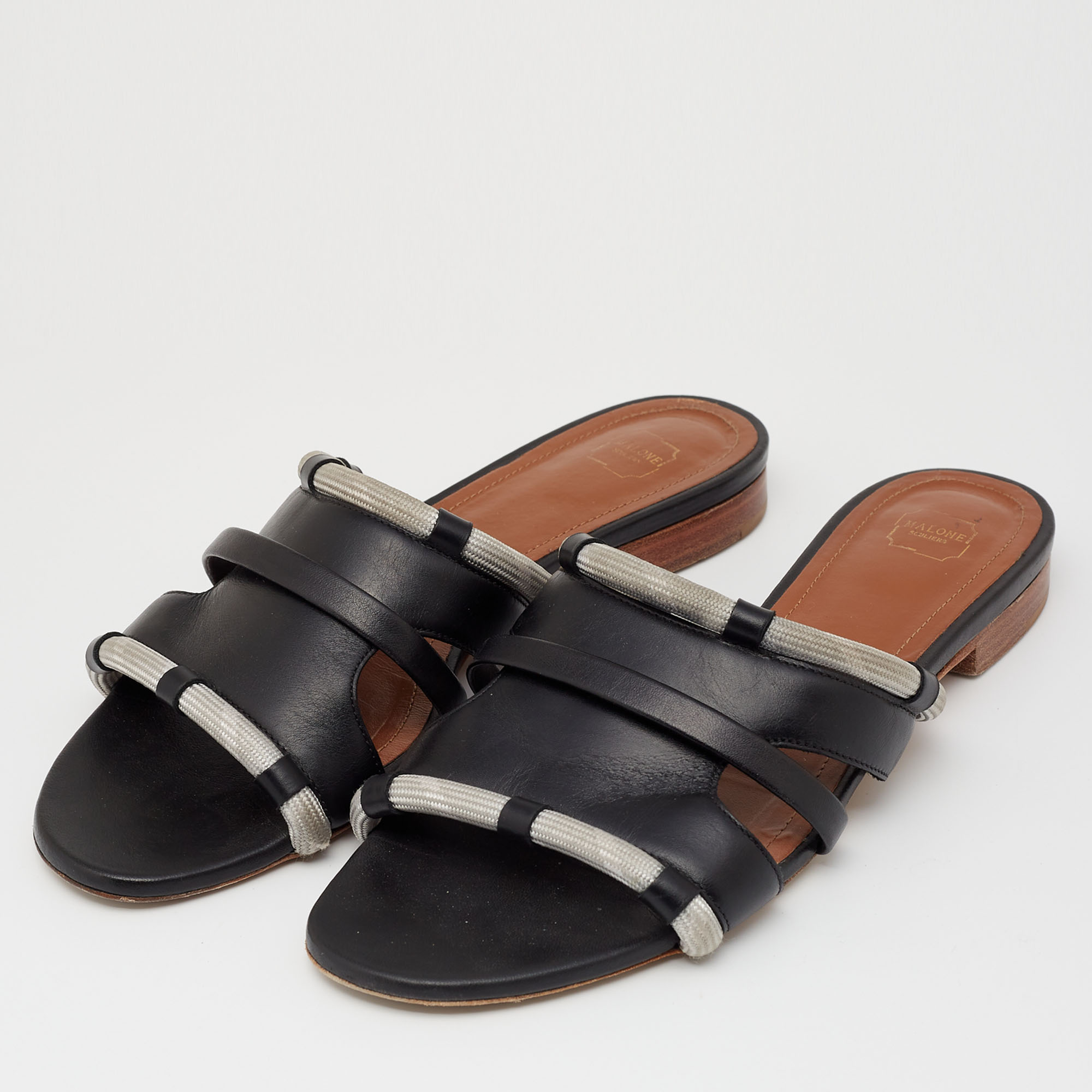 

Malone Souliers Black/Grey Leather And Fabric Cut Out Flat Sandals Size