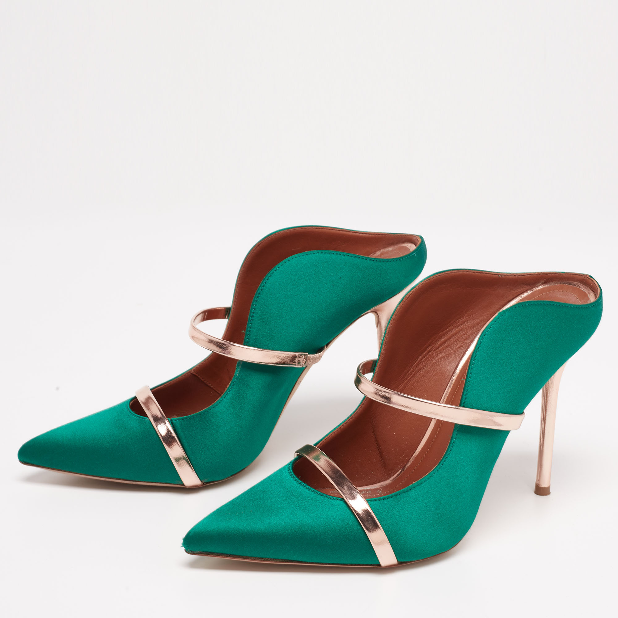 

Malone Souliers Green/Rose Gold Satin Maureen Mule Sandals Size