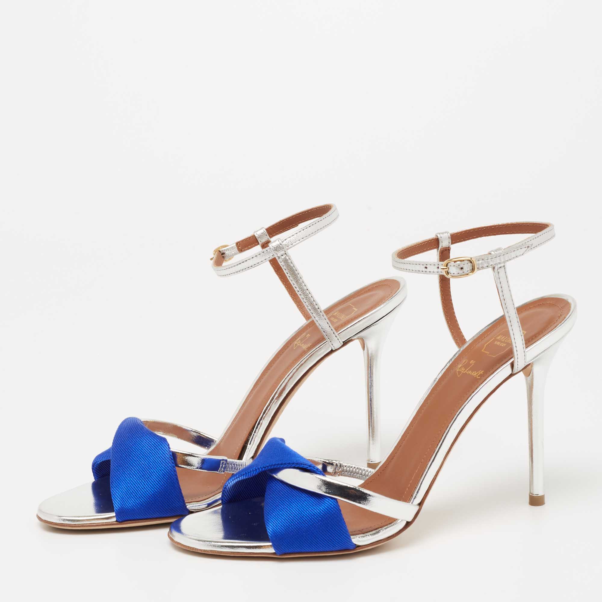 

Malone Souliers Silver/Blue Foil Leather And Canvas Ankle Strap Sandals Size