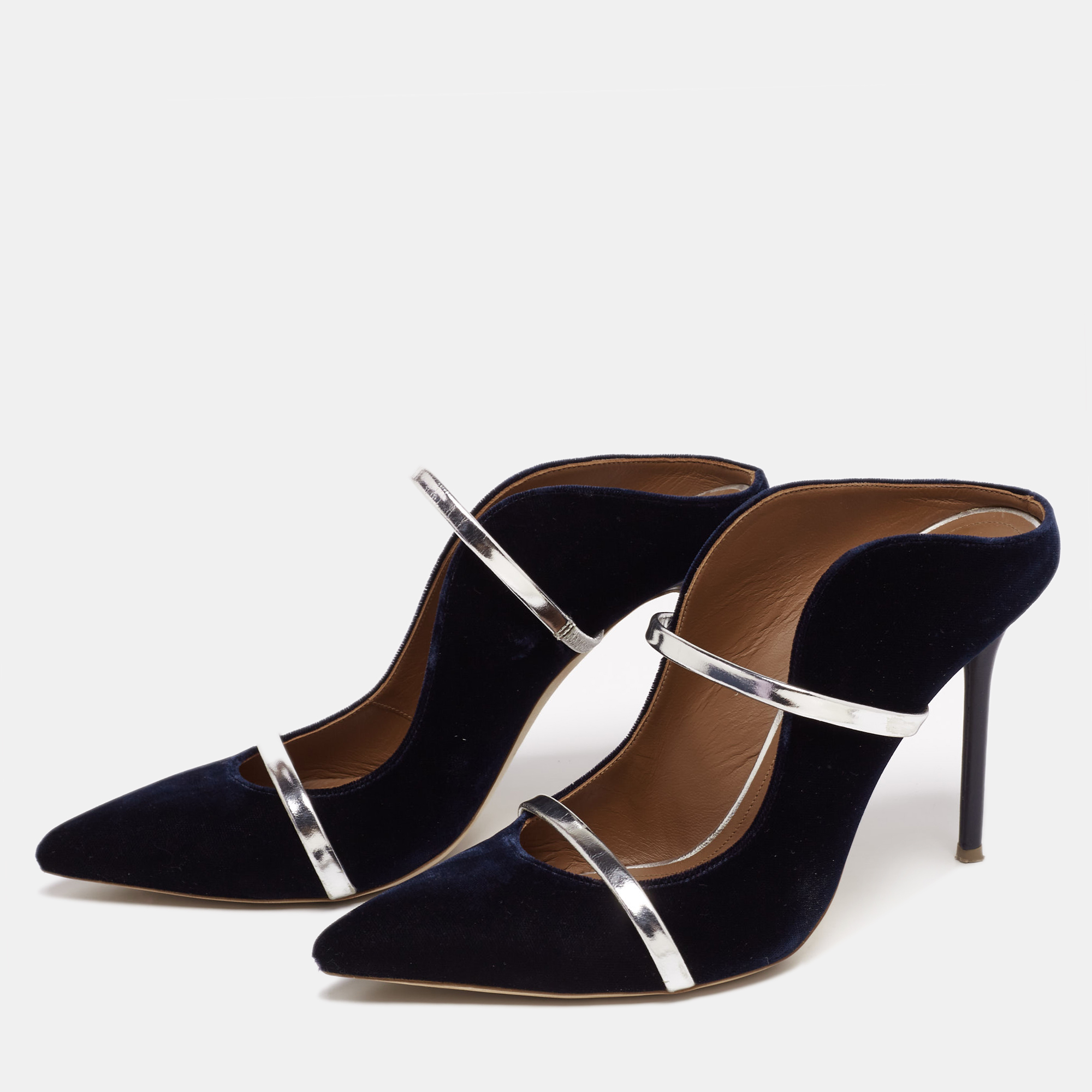 

Malone Souliers Navy Blue/Silver Velvet Maureen Mules Size