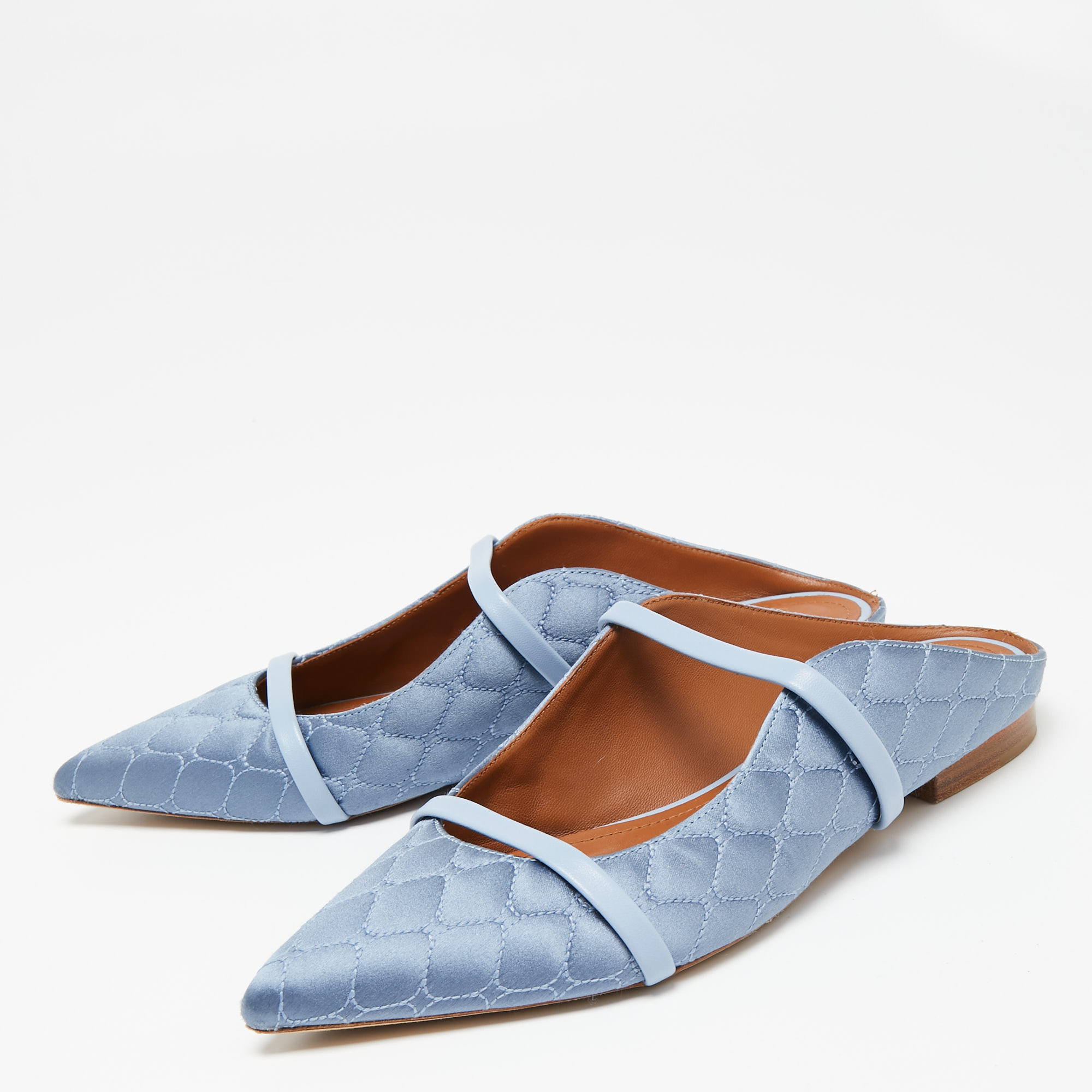 

Malone Souliers Blue Quilted Satin and Leather Maureen Flats Size