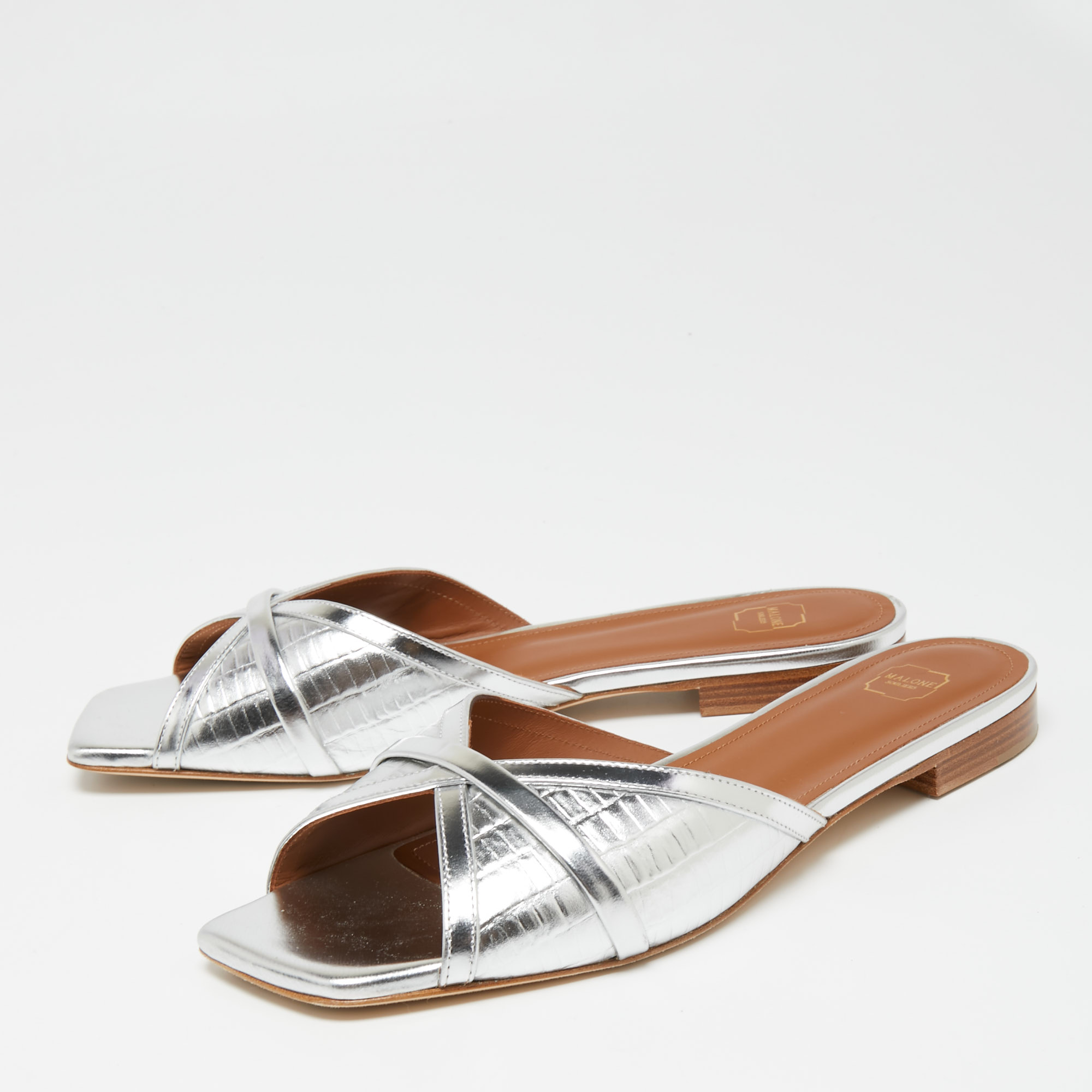 

Malone Souliers Metallic Silver Croc Embossed Leather Perla Flat Sandals Size