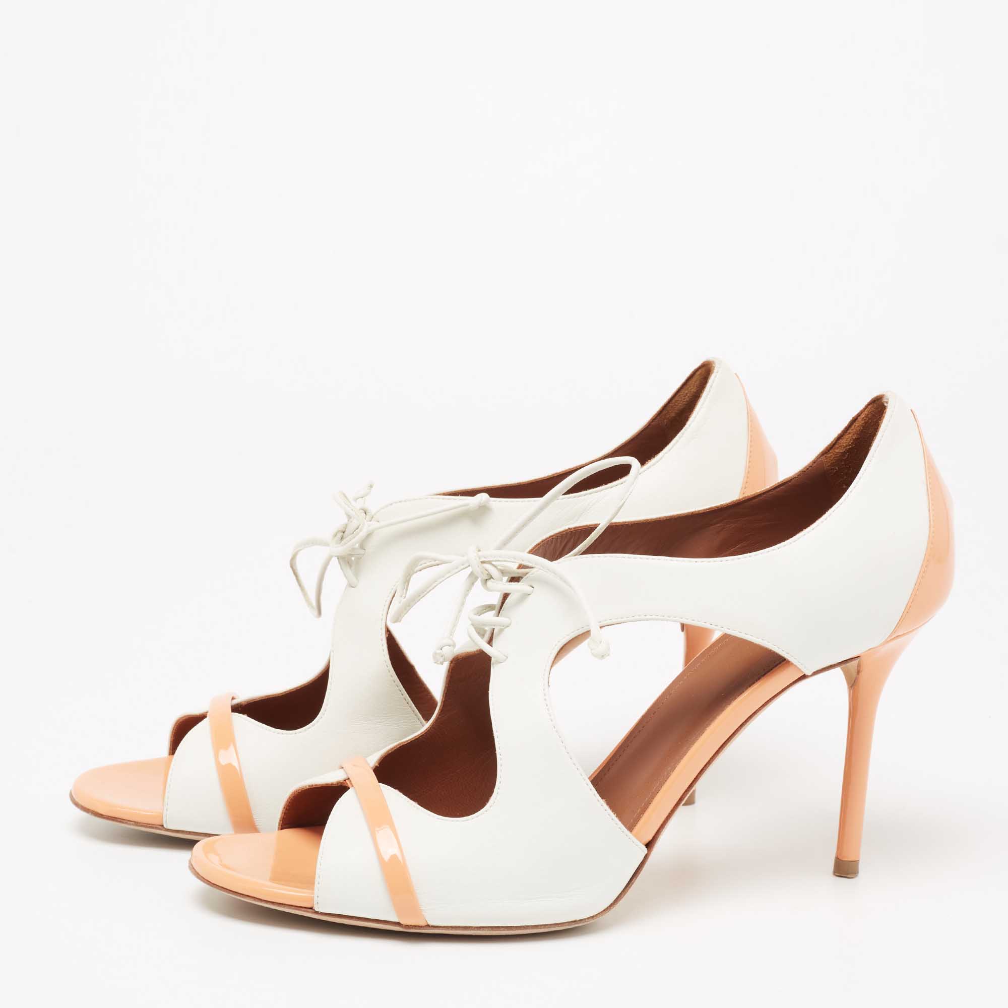 

Malone Souliers White/Orange Patent And Leather Cutout Open Toe Pumps Size