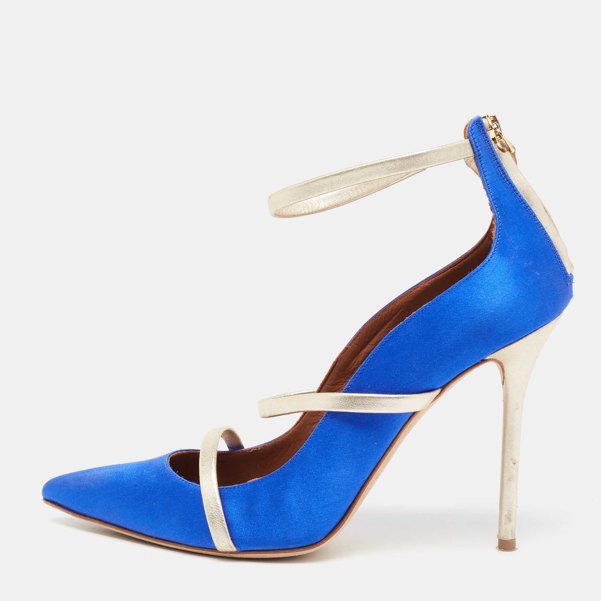 Pre-owned Malone Souliers Royal Blue/gold Satin And Leather Robyn Ankle-strap Pumps Size 41