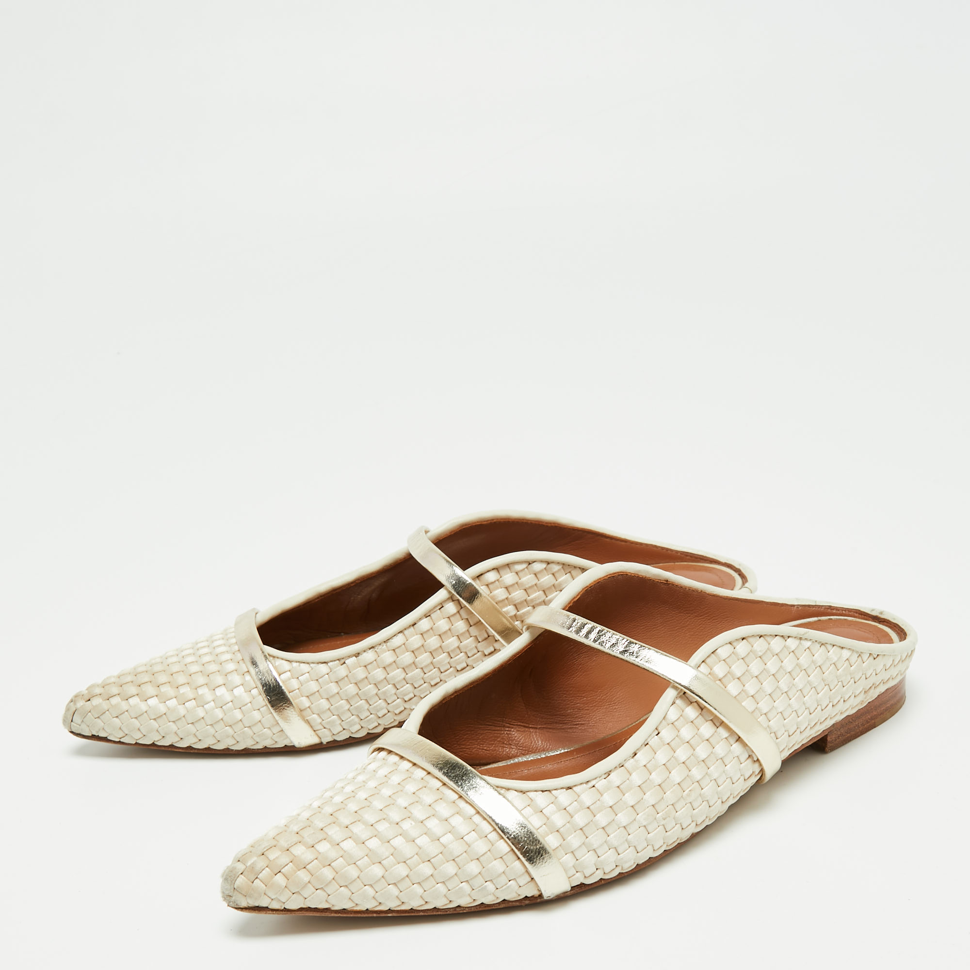 

Malone Souliers Cream/Gold Woven Leather Maureen Flats Size