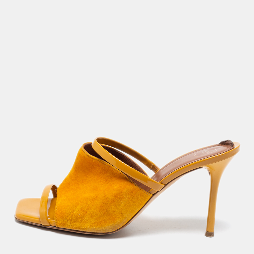

Malone Souliers Mustard Yellow Suede and Patent Leather Laney Slide Sandals Size