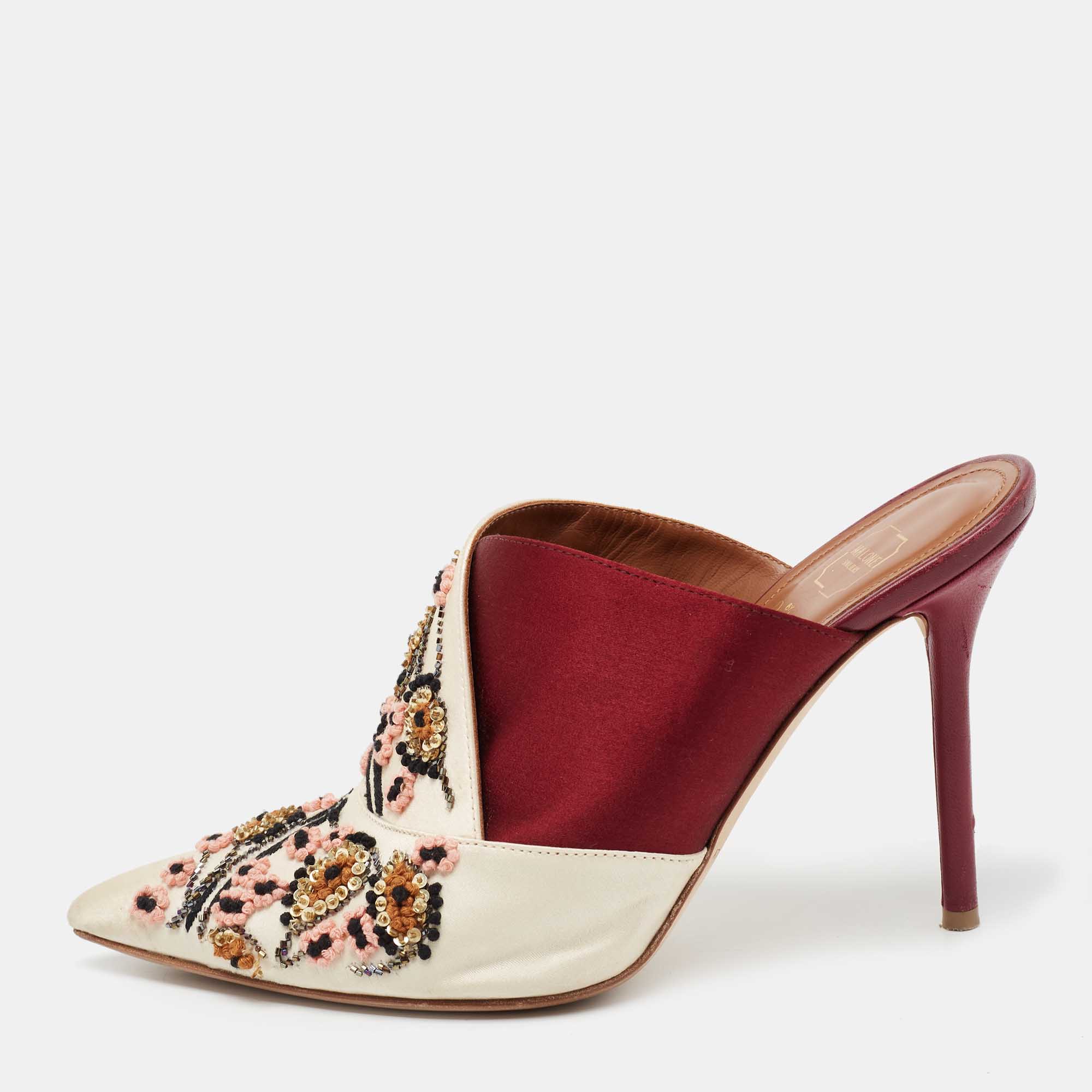 

Malone Souliers Off White/Burgundy Satin Floral Embroidered Pointed Toe Mules Size
