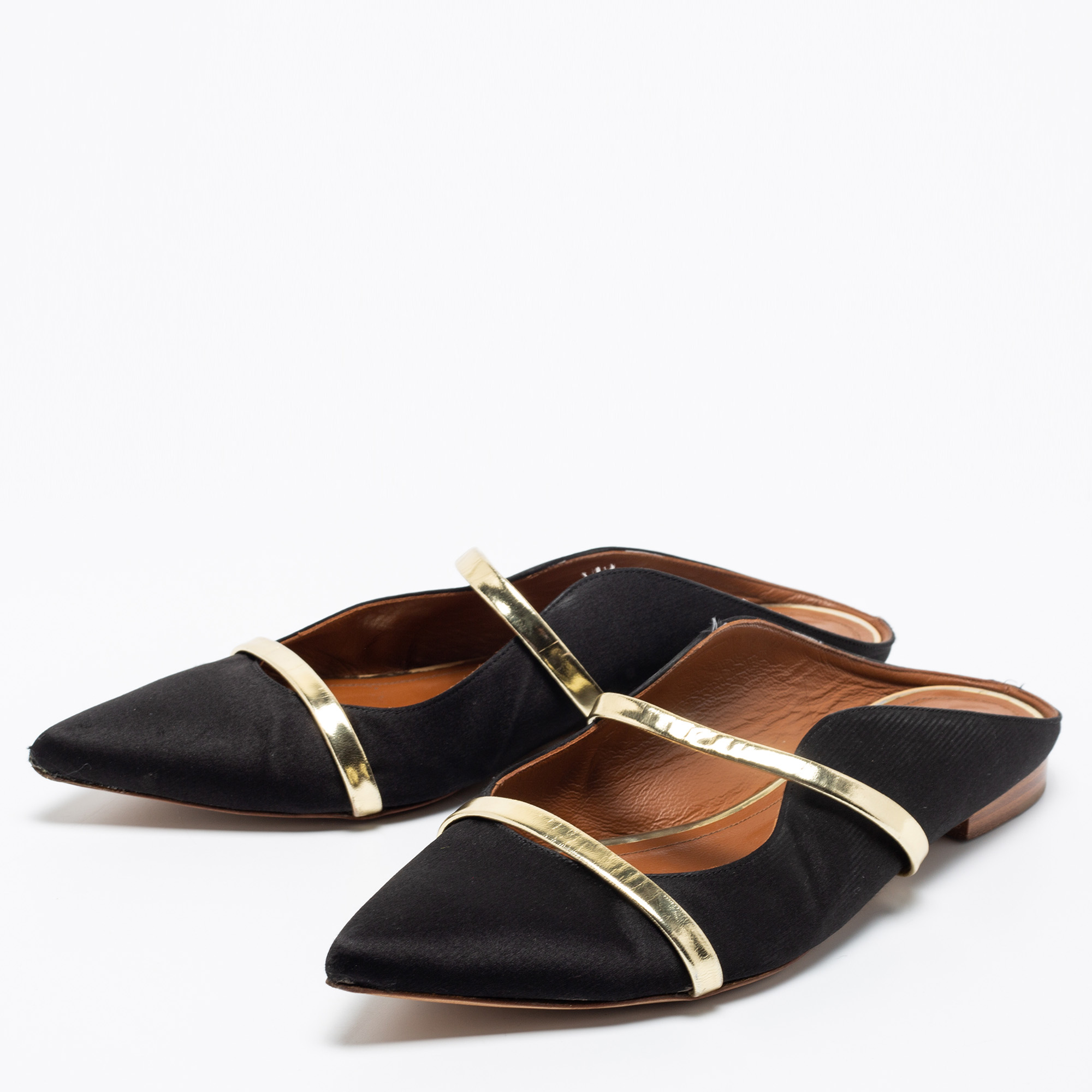 

Malone Souliers Black/Gold Satin and Leather Maureen Flat Mules Size