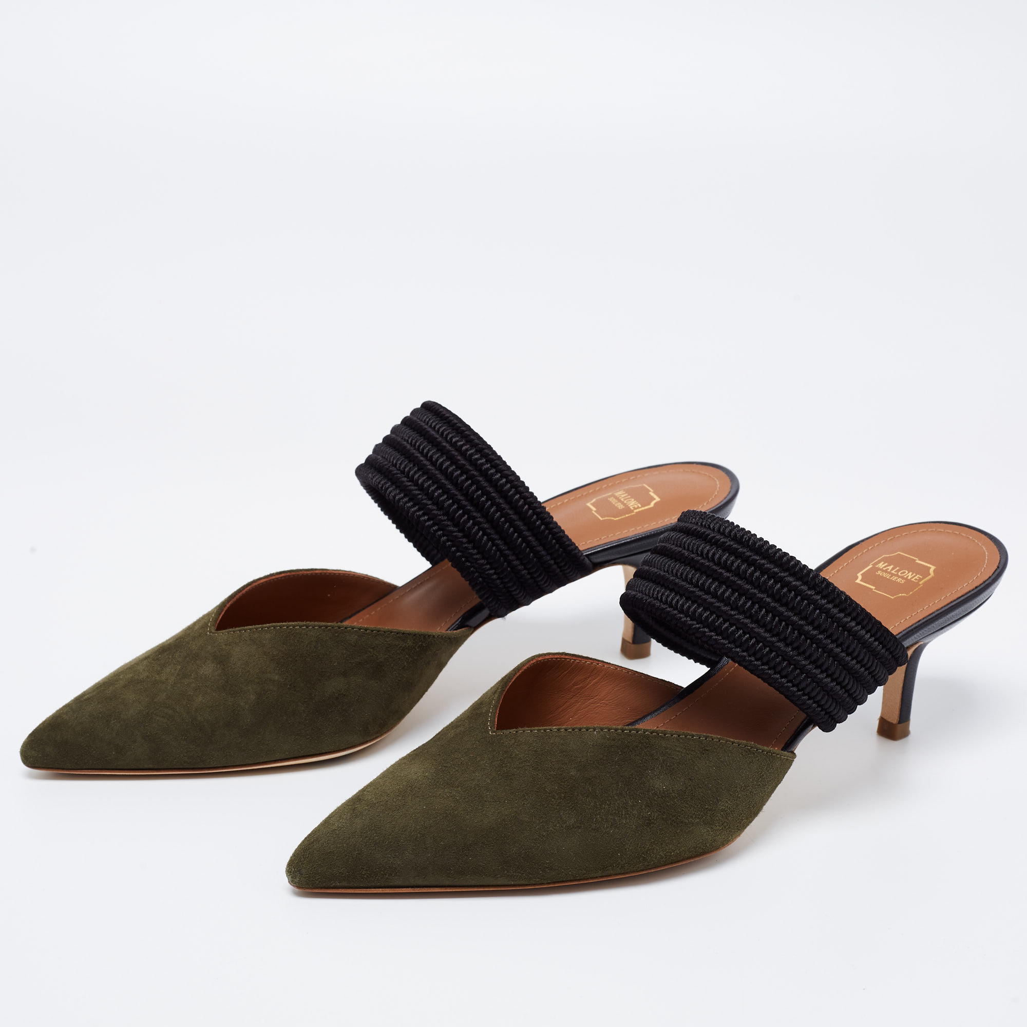 

Malone Souliers Olive Green Suede and Stretch Band Maisie Mules Size