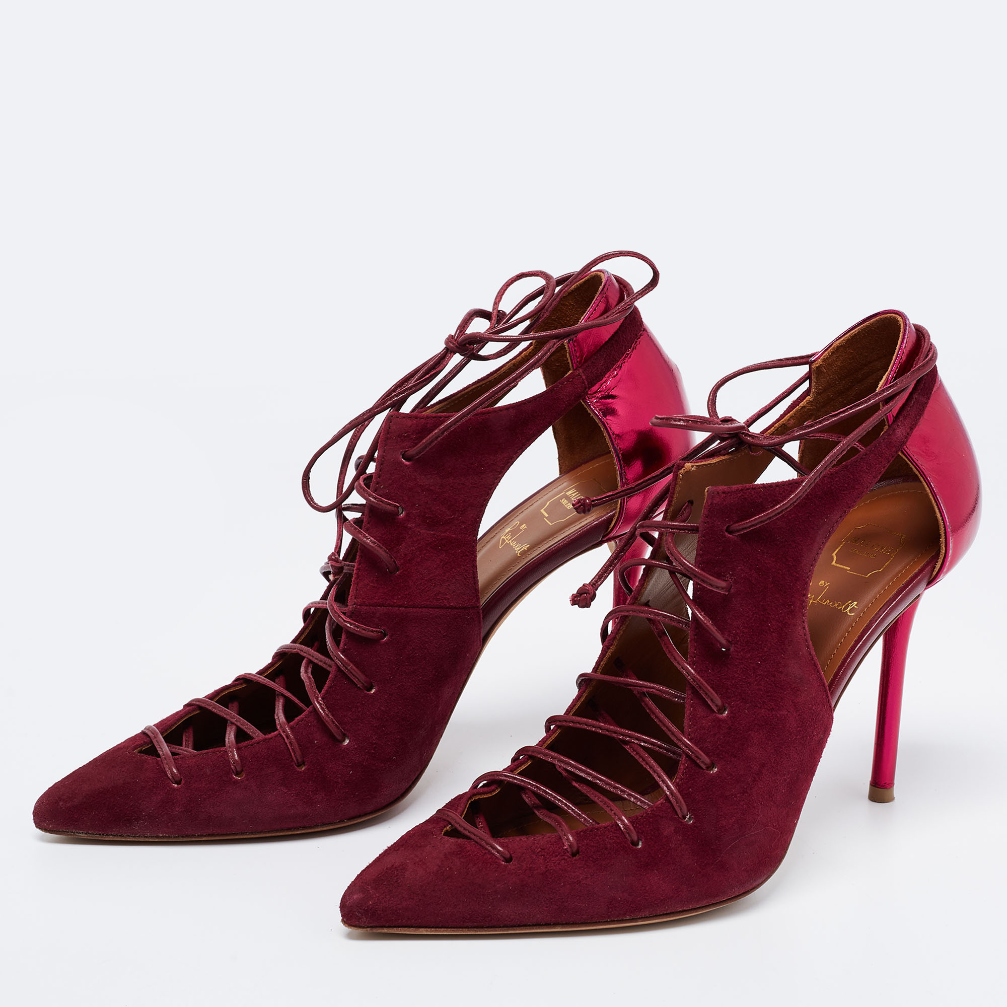 

Malone Souliers Burgundy Leather And Suede Cutout Booties Size