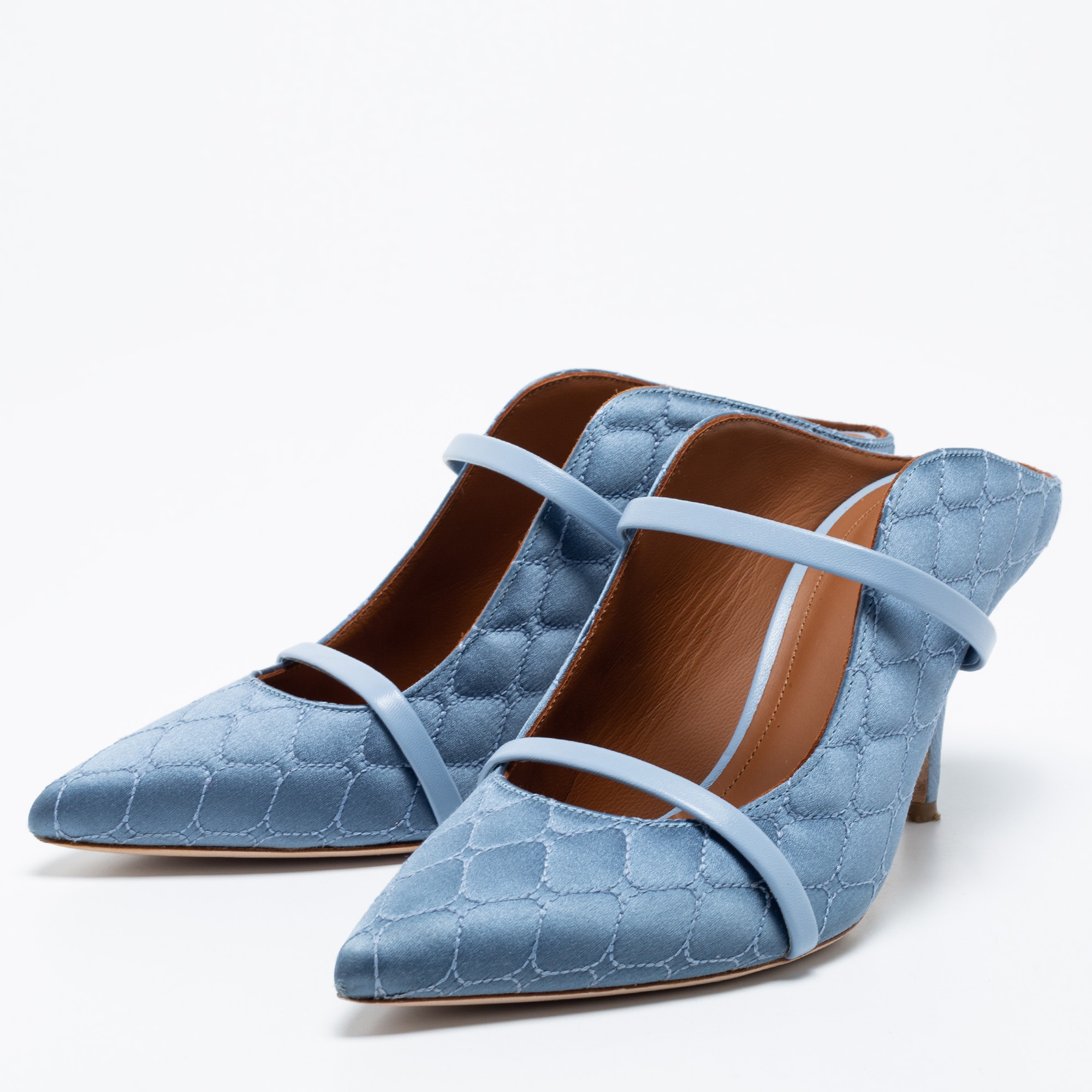 

Malone Souliers Steel Blue Quilted Satin Maureen Mules Size