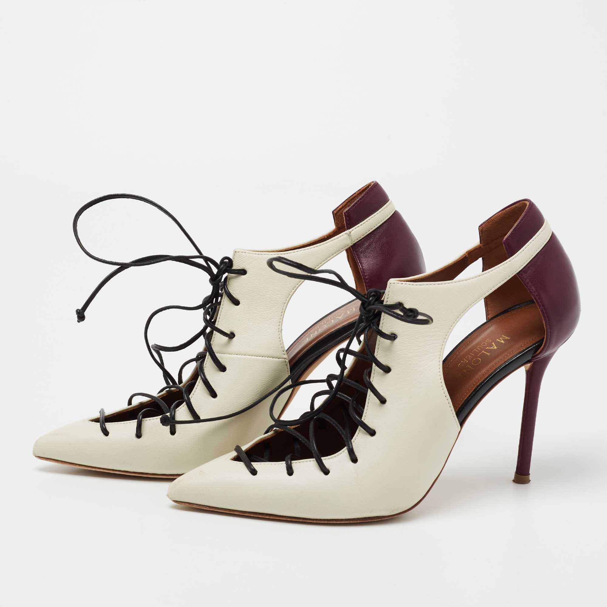 

Malone Souliers Off-White/Purple Leather Montana Lace Up Pointed Toe Pumps Size