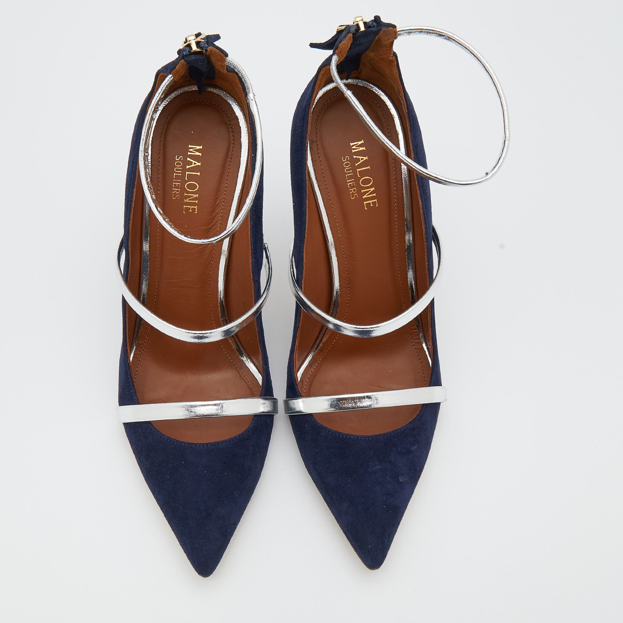 

Malone Souliers Royal Blue/Silver Suede and Leather Robyn Ankle-Strap Pumps Size