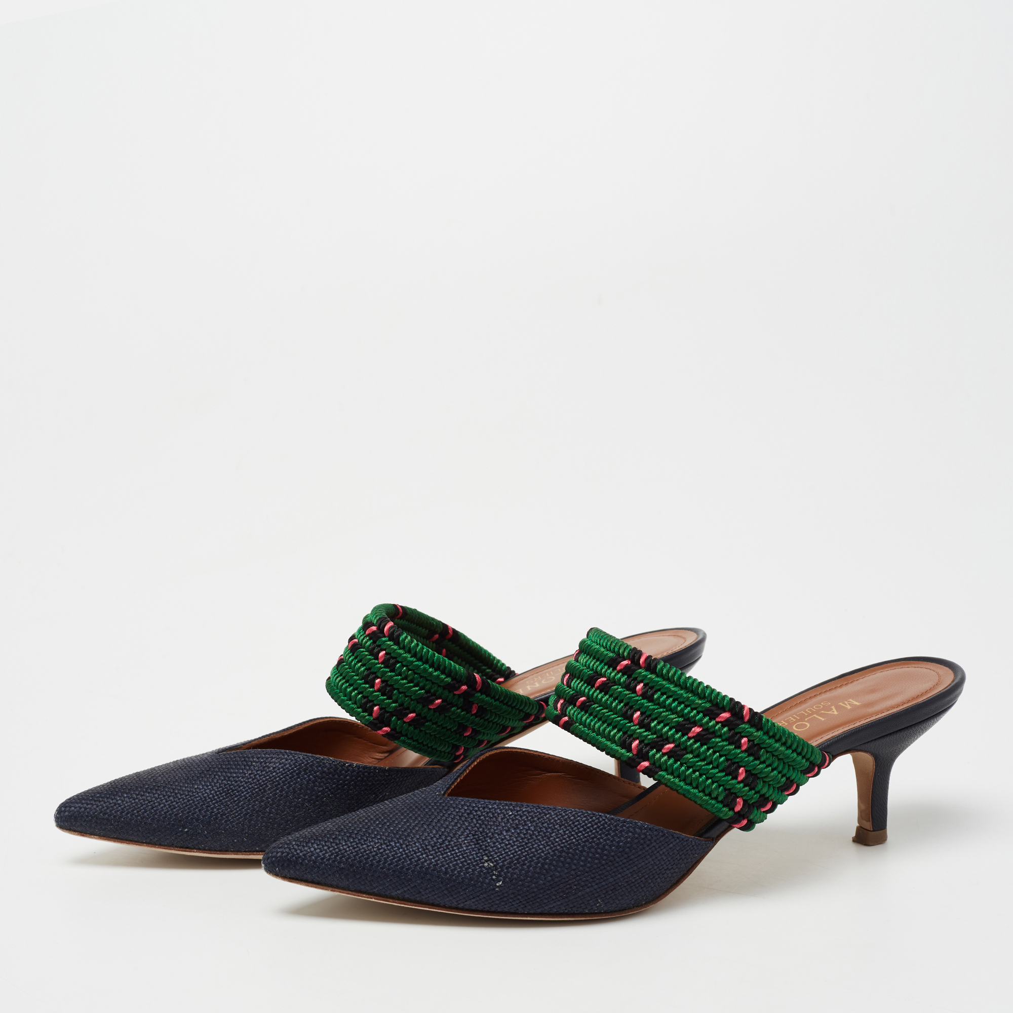 

Malone Souliers Navy Blue/Green Straw and Fabric Maisie Mules Size