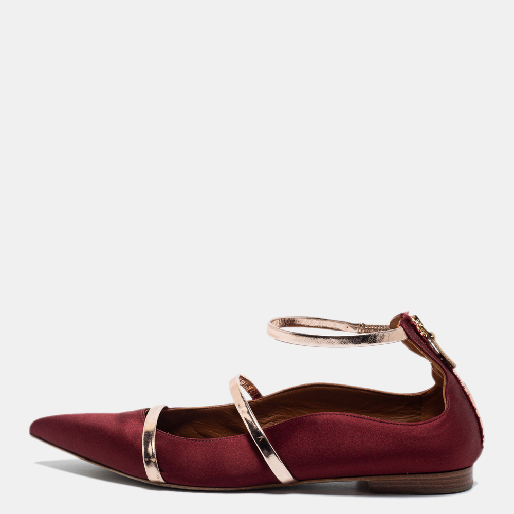 Pre-owned Malone Souliers Burgundy/leather Satin Maureen Ballet Flats Size 40