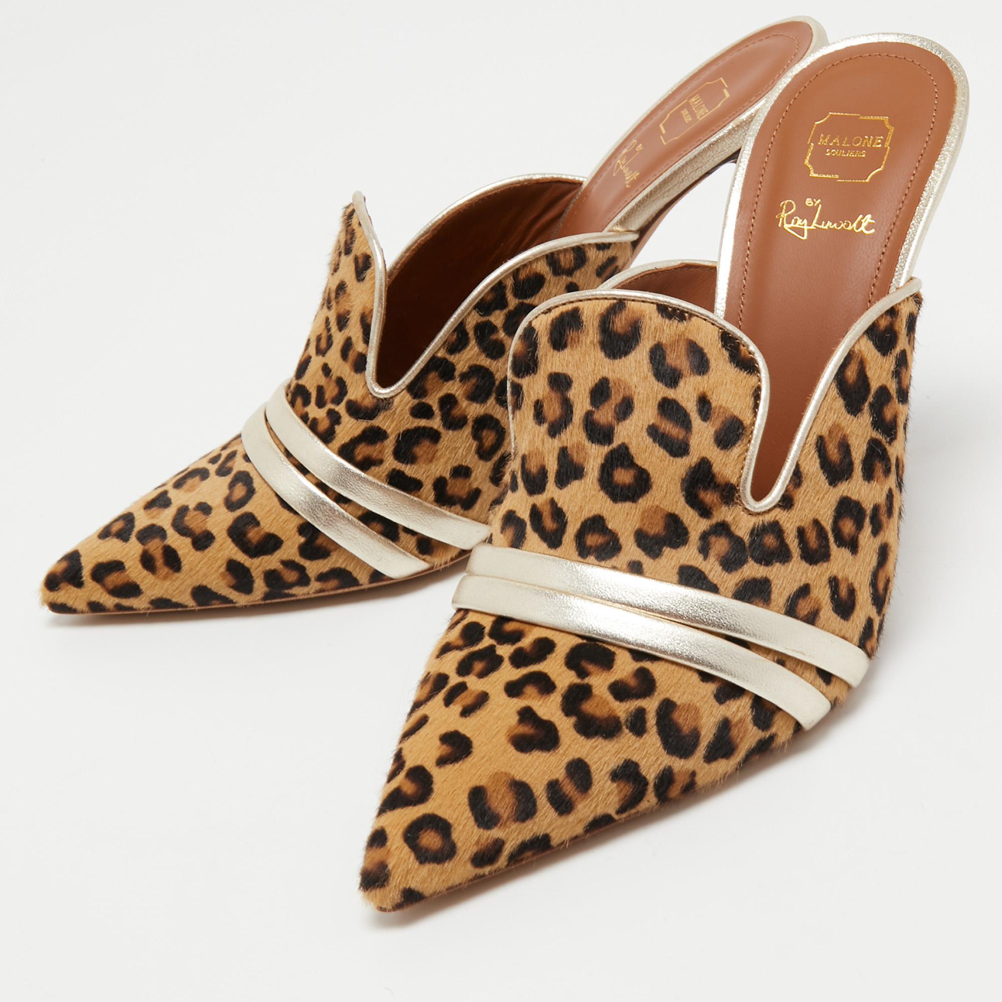 

Malone Souliers Brown Leapord Print Calf Hair Hayley Mules Size