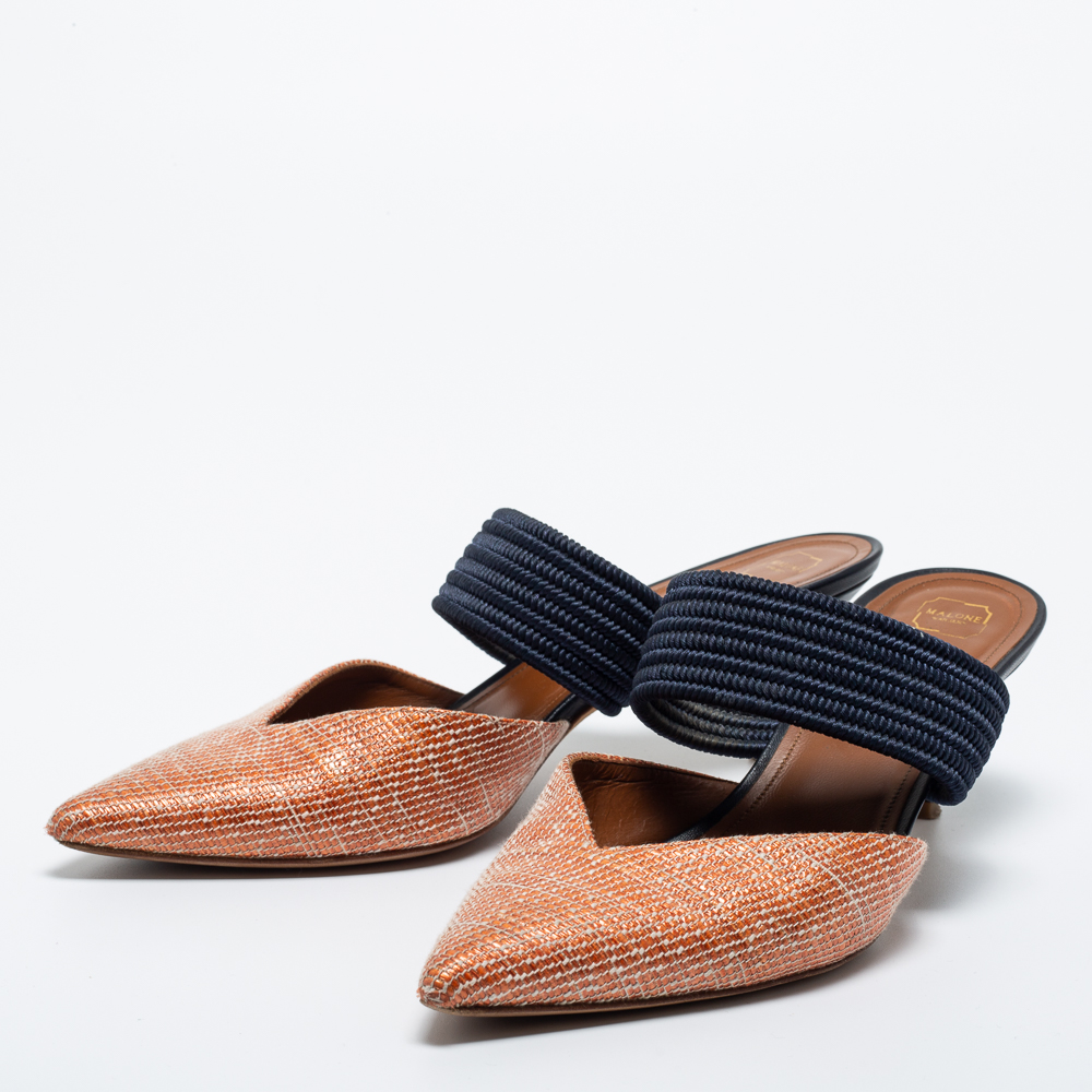 

Malone Souliers Orange/Navy Blue Woven Fabric Maisie Mules Size