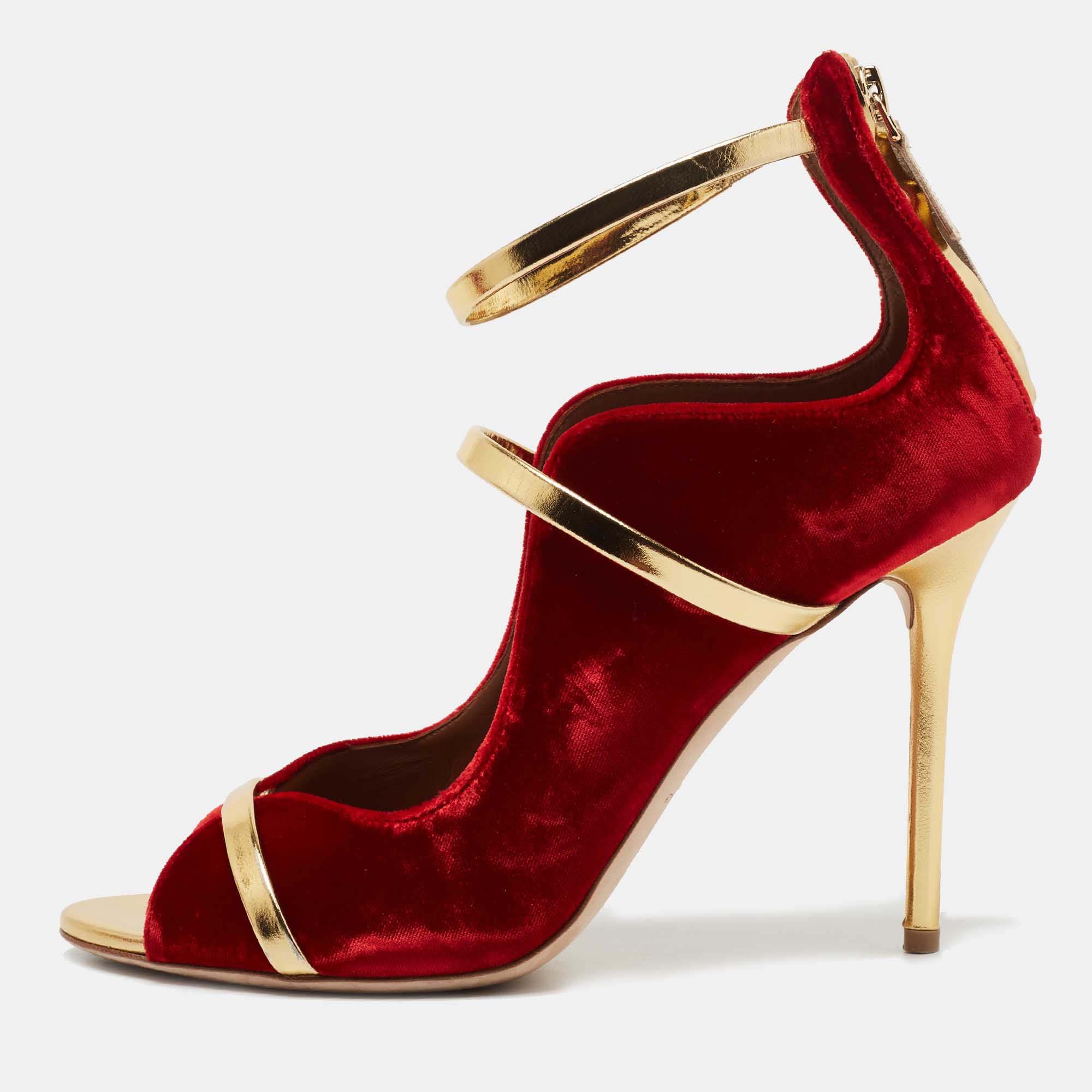 Pre-owned Malone Souliers Red/gold Velvet And Leather Mika Sandals Size 40