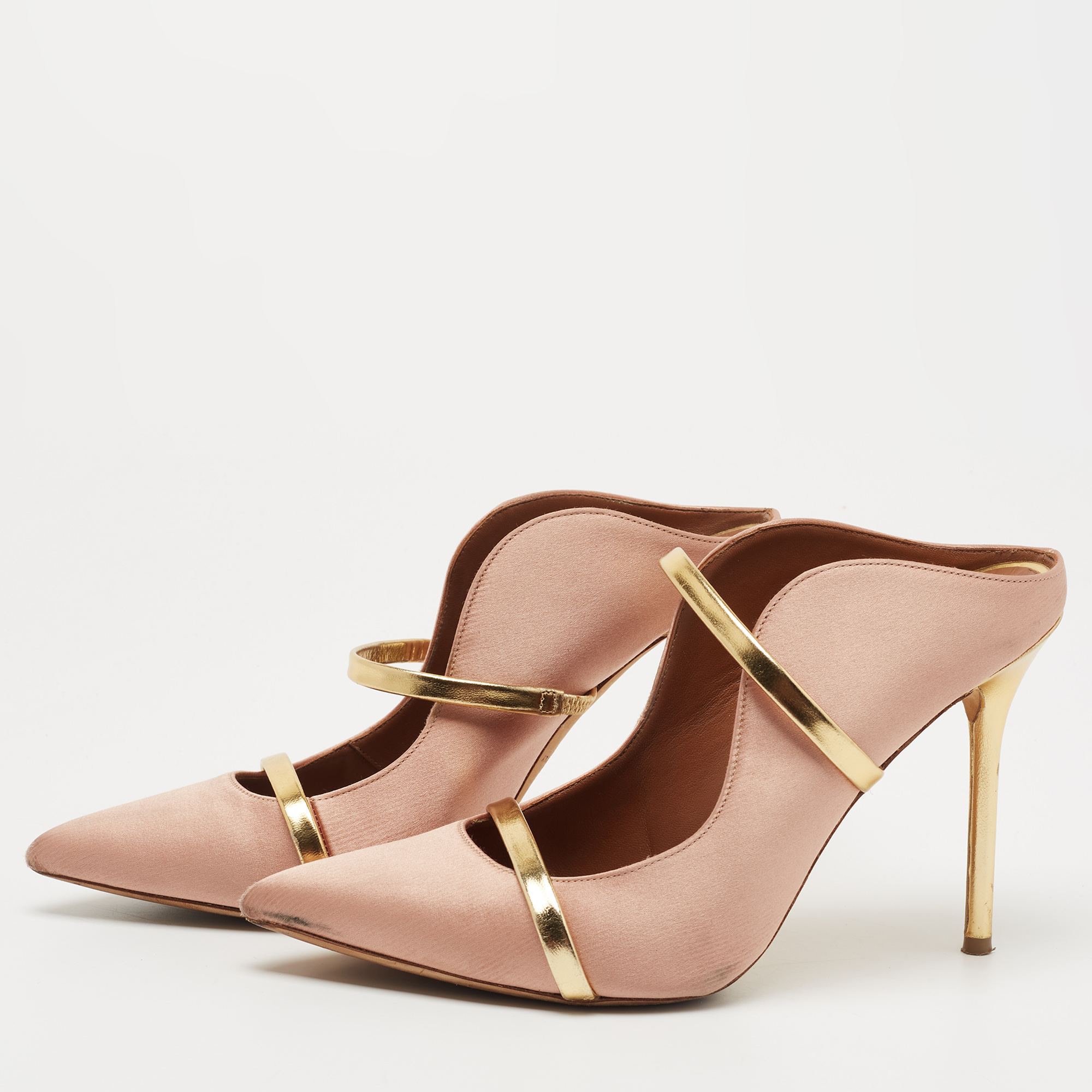 

Malone Souliers Pink/Gold Leather and Satin Maureen Mules Size