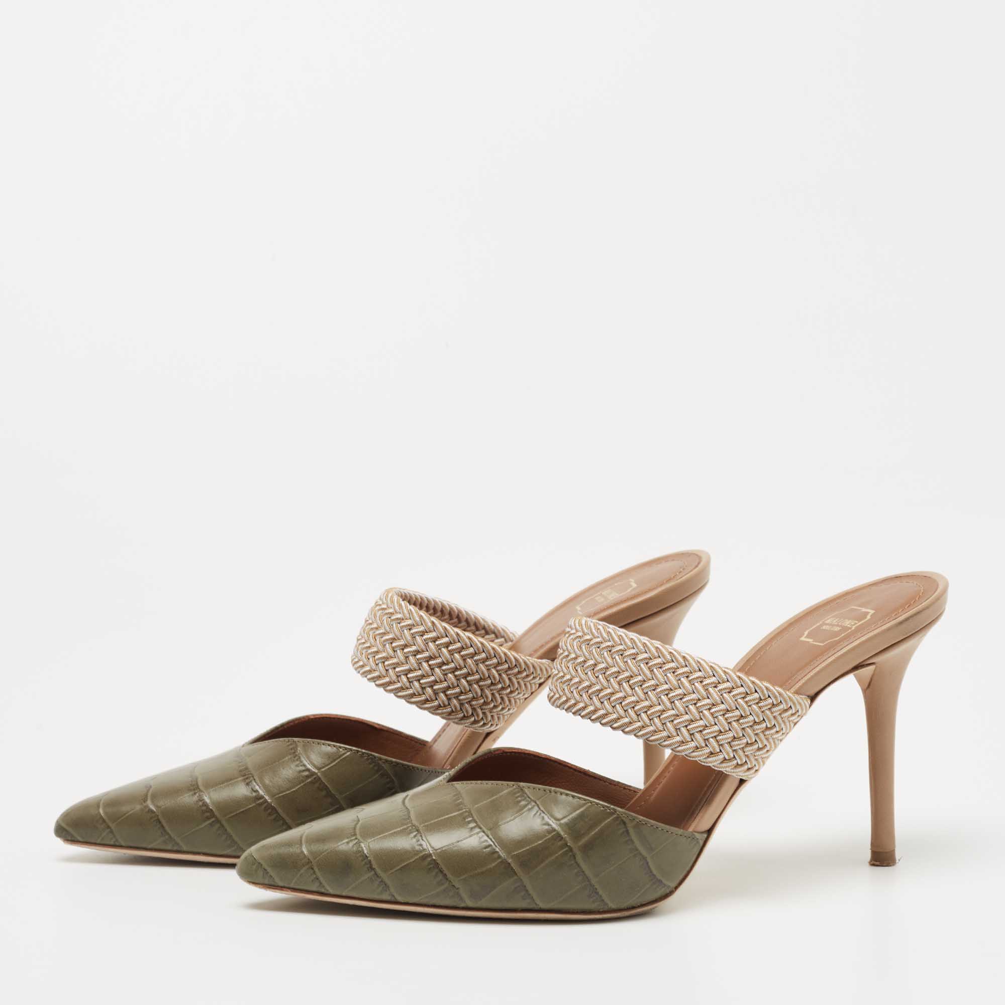 

Malone Souliers Army Green Croc Embossed Leather Maisie Mules Size