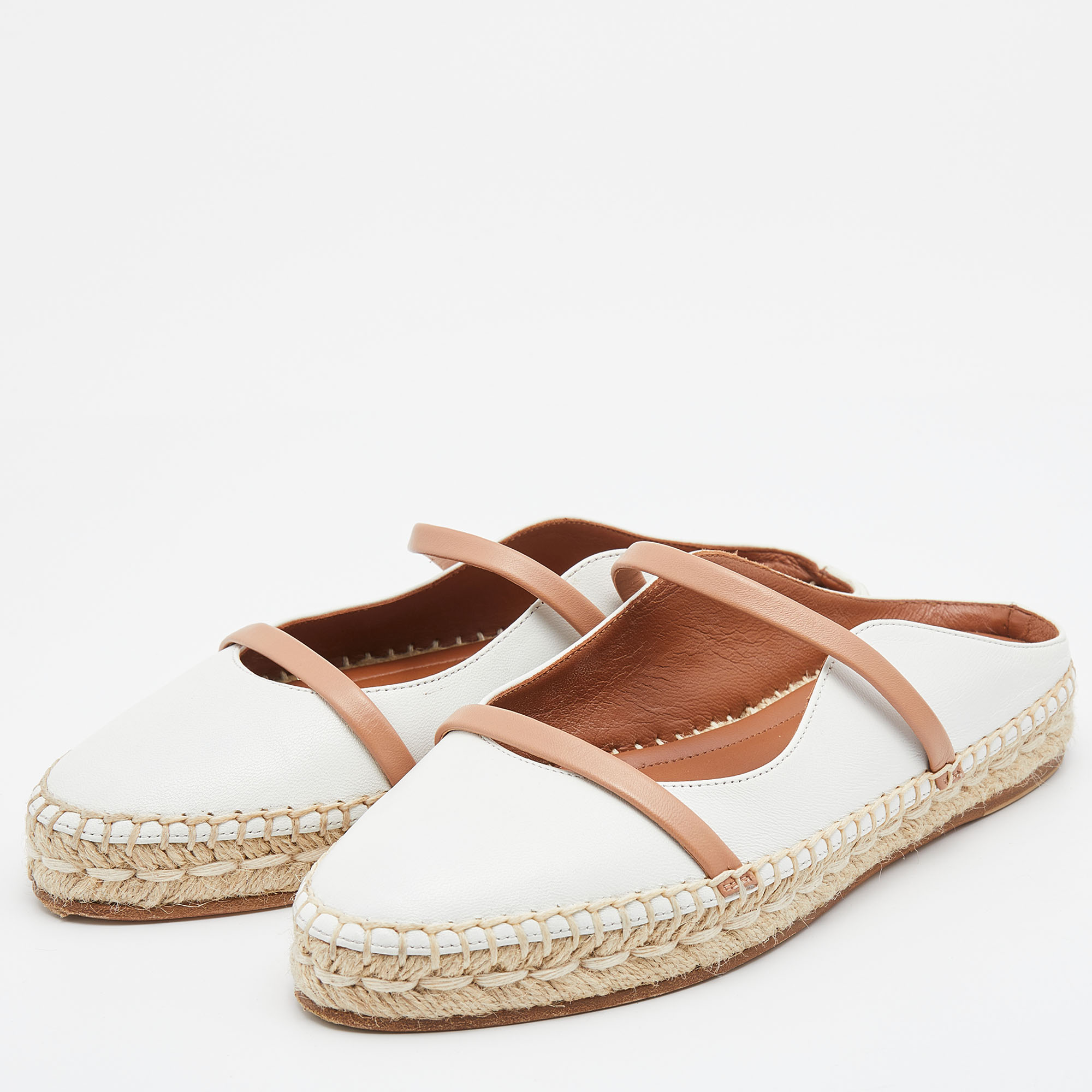 

Malone Souliers White/Brown Leather Sienna Flat Espadrille Mules Size