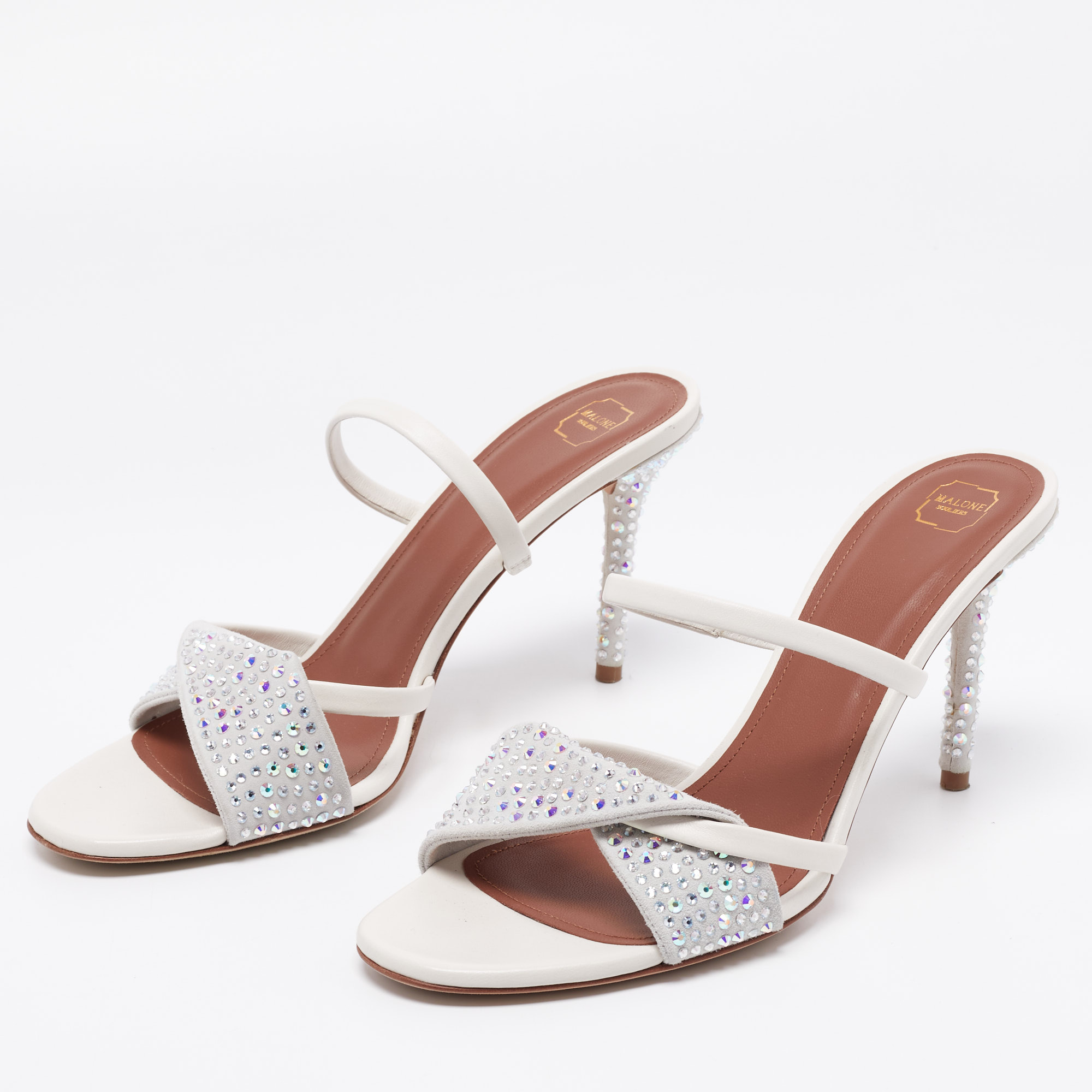

Malone Souliers Silver Leather and Suede Crystal Embellished Slide Sandals Size, White