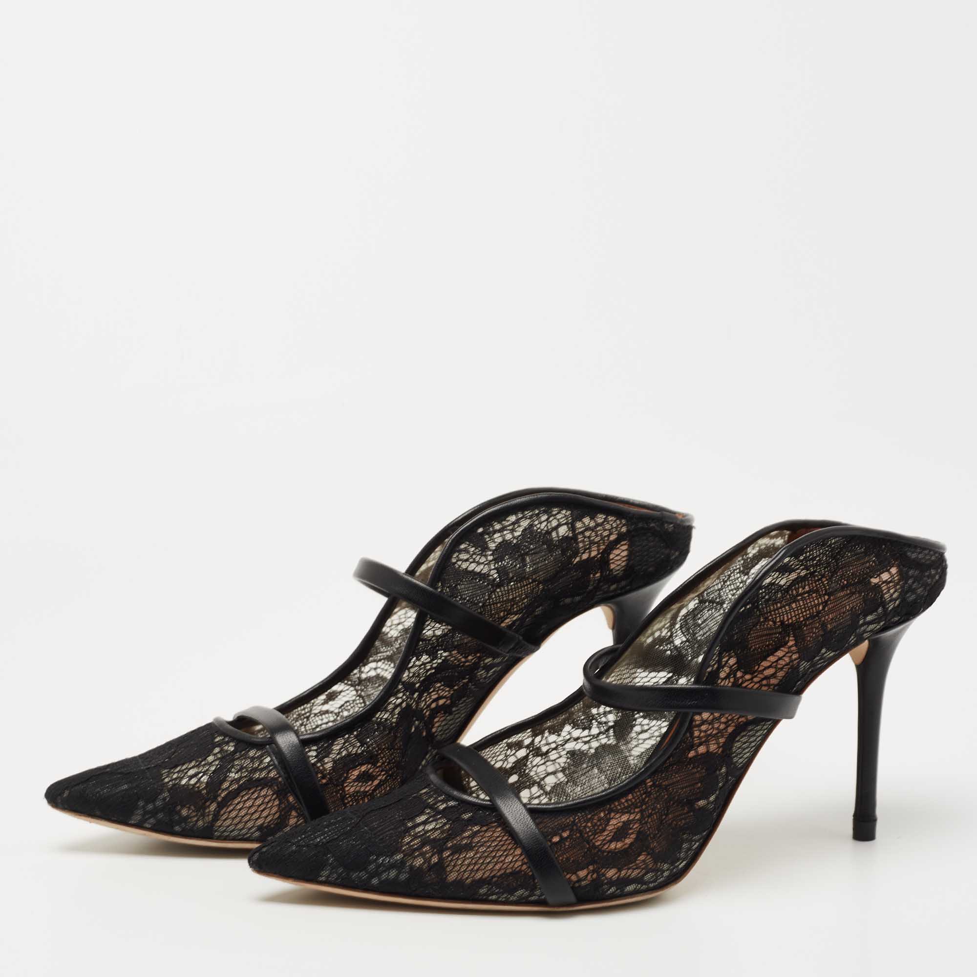 

Malone Souliers Black Lace and Leather Maureen Mules Size