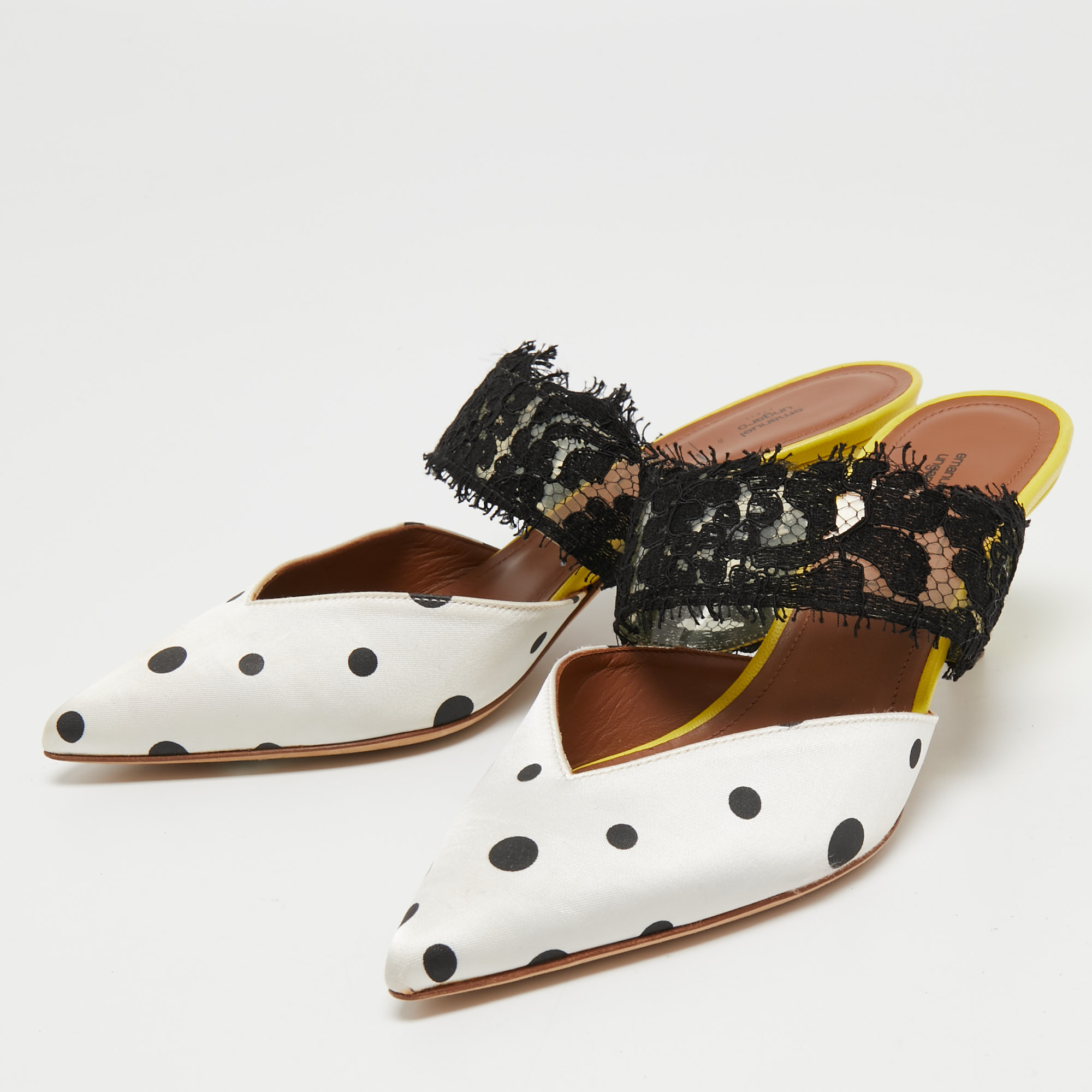 

Malone Souliers x Emanuel Ungaro White/Black Polka Dot Satin and Lace Maisie Mules Size