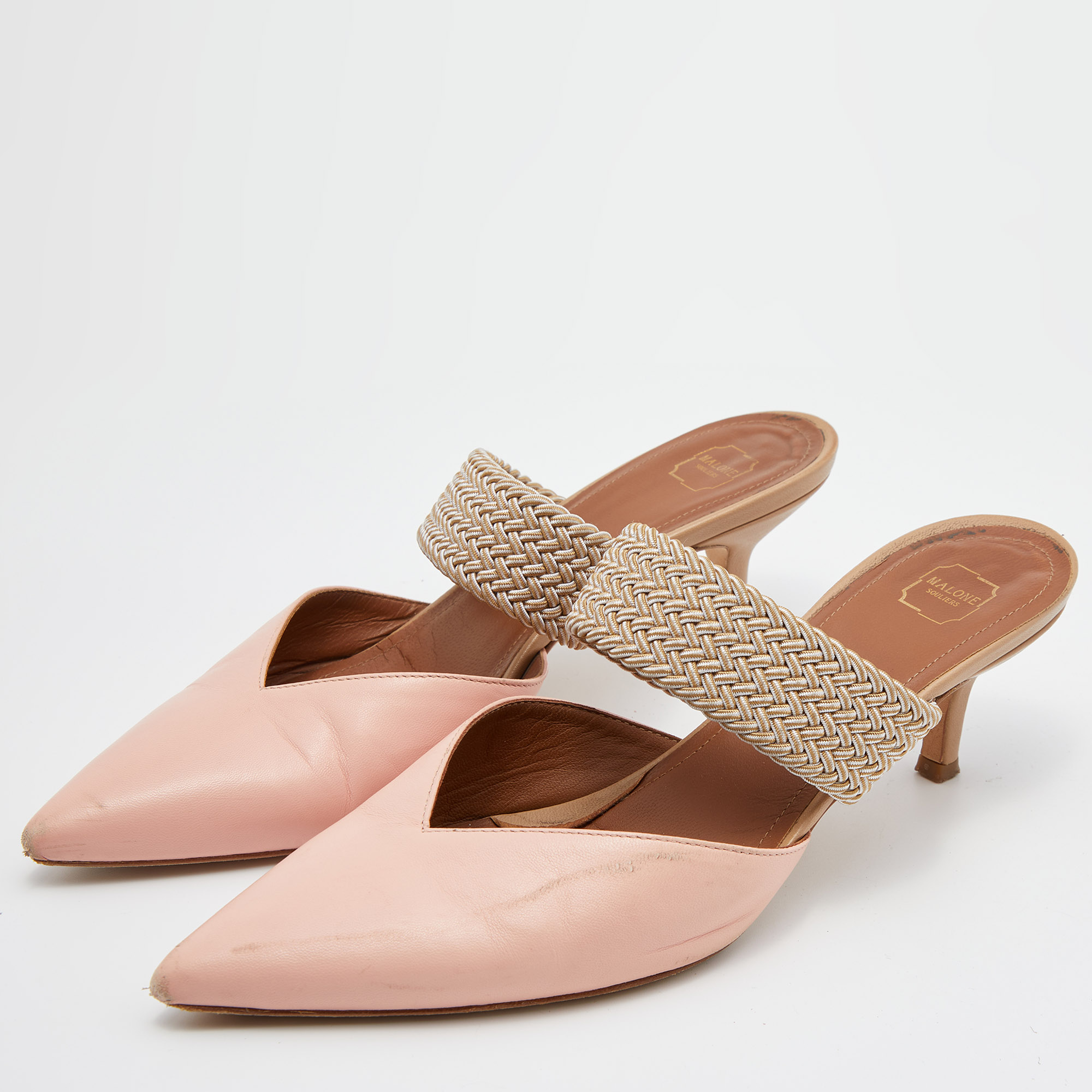 

Malone Souliers Pink/Beige Leather and Cord Maisie Pointed Toe Mules Size