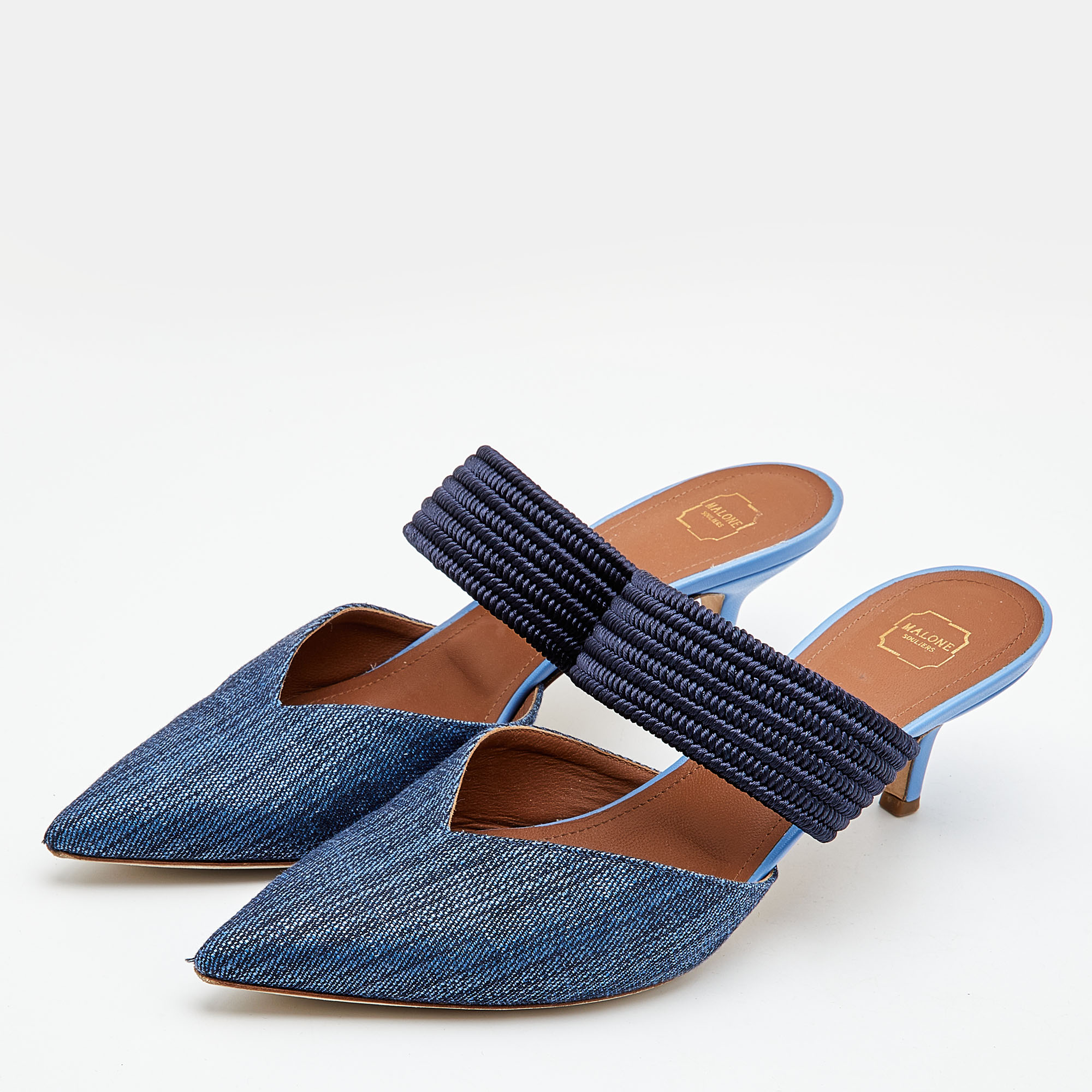 

Malone Souliers Navy Blue Fabric and Woven Cord Maisie Mules Size