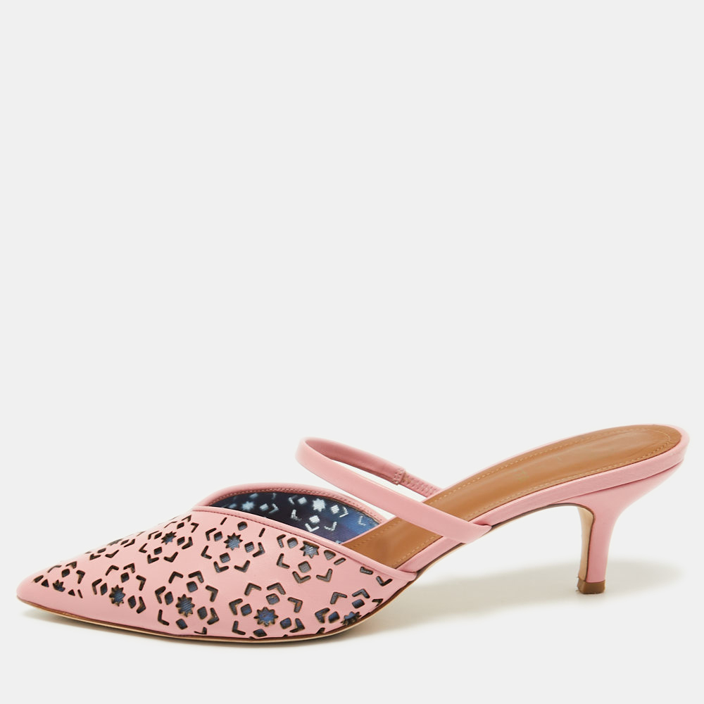 Pre-owned Malone Souliers X Fta Pink Laser Cut Leather Marla Mules Size 40